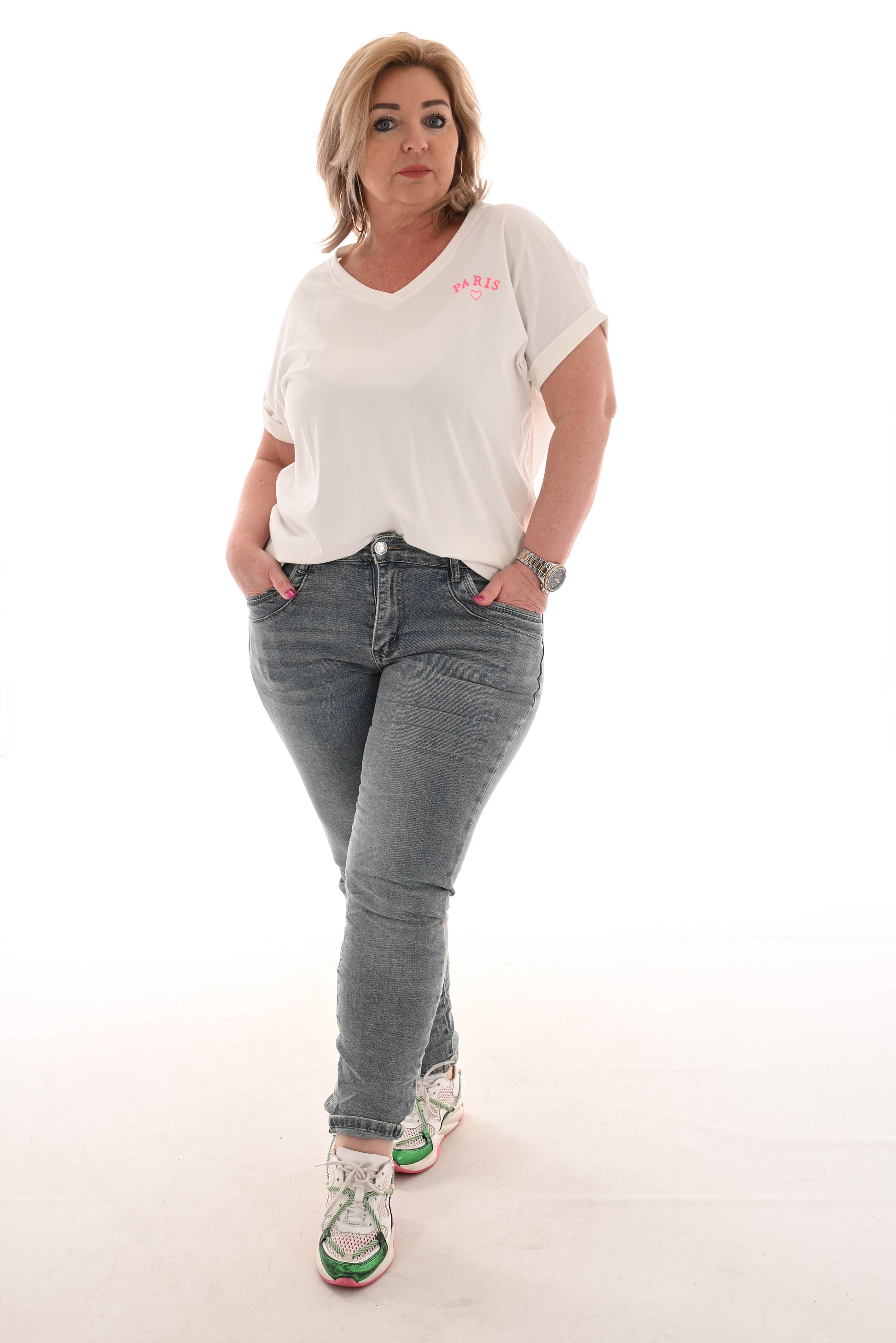 T-shirt v-hals Paris roomwit/felroze