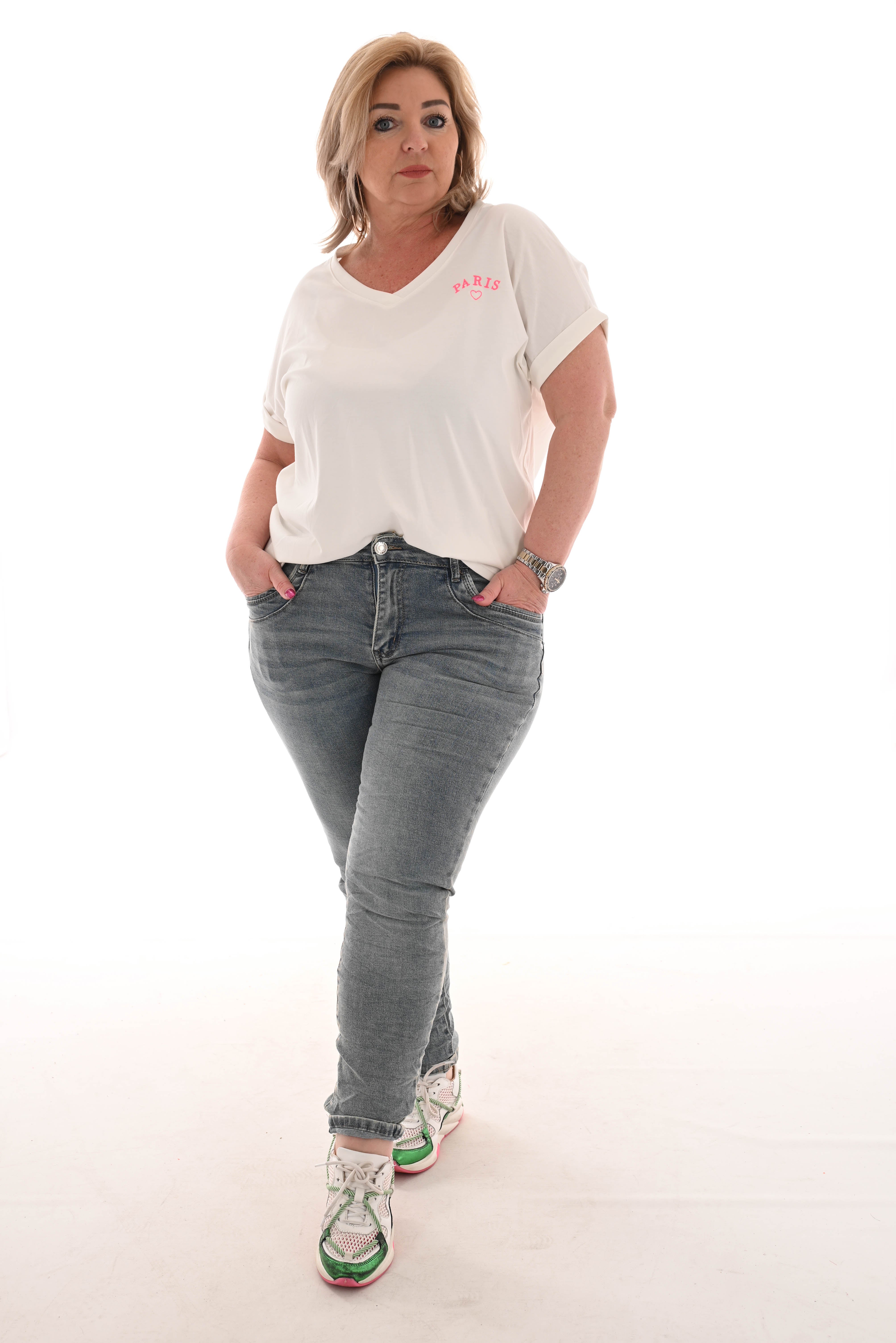 T-shirt v-hals Paris roomwit/felroze