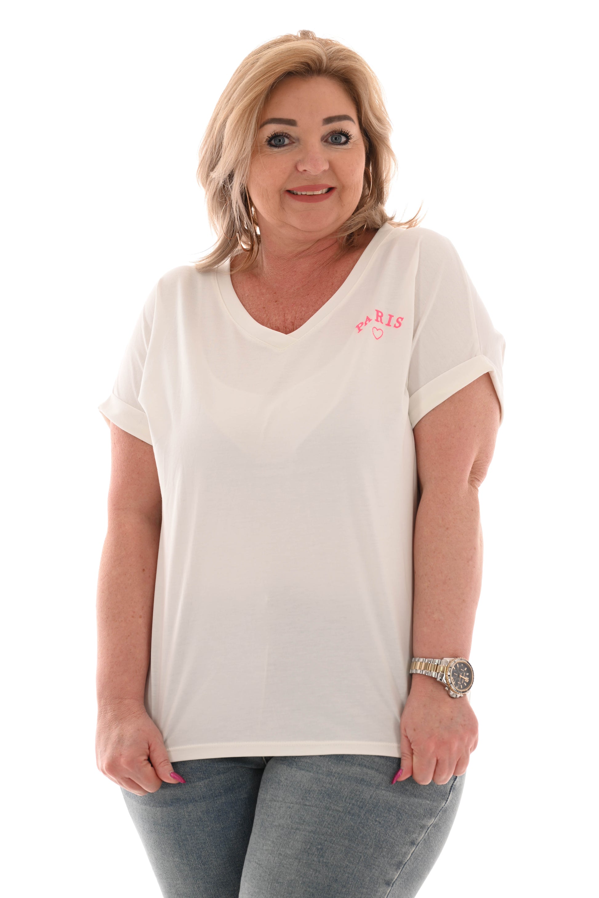 T-shirt v-hals Paris roomwit/felroze