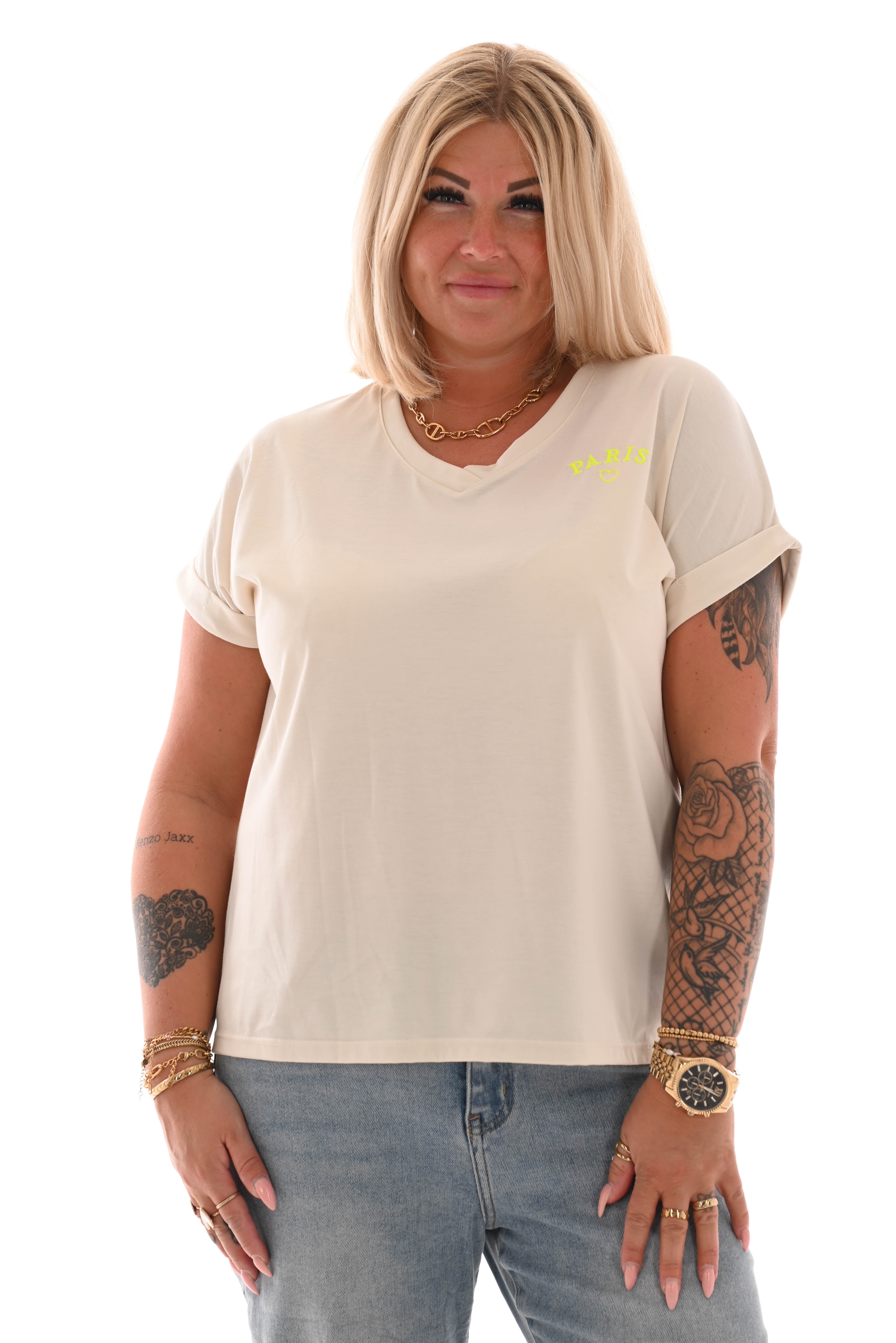 T-shirt v-hals Paris creme