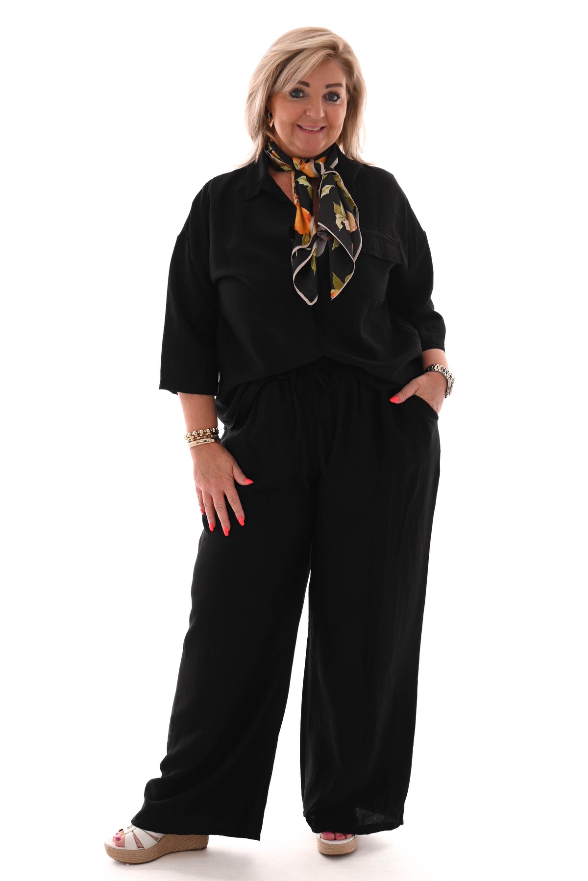 Tweedelig set blouse met borstzak uni zwart