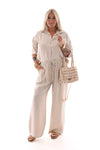 Tweedelig set blouse met borstzak uni beige
