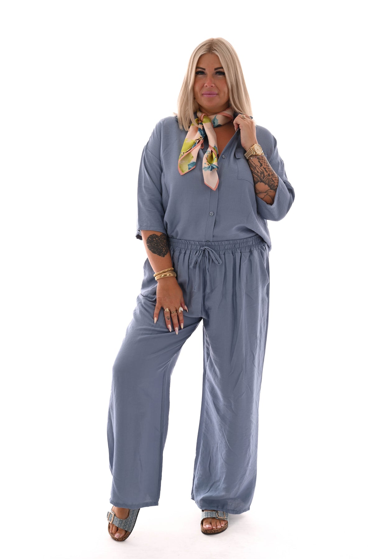 Tweedelig set blouse met borstzak uni jeansblauw