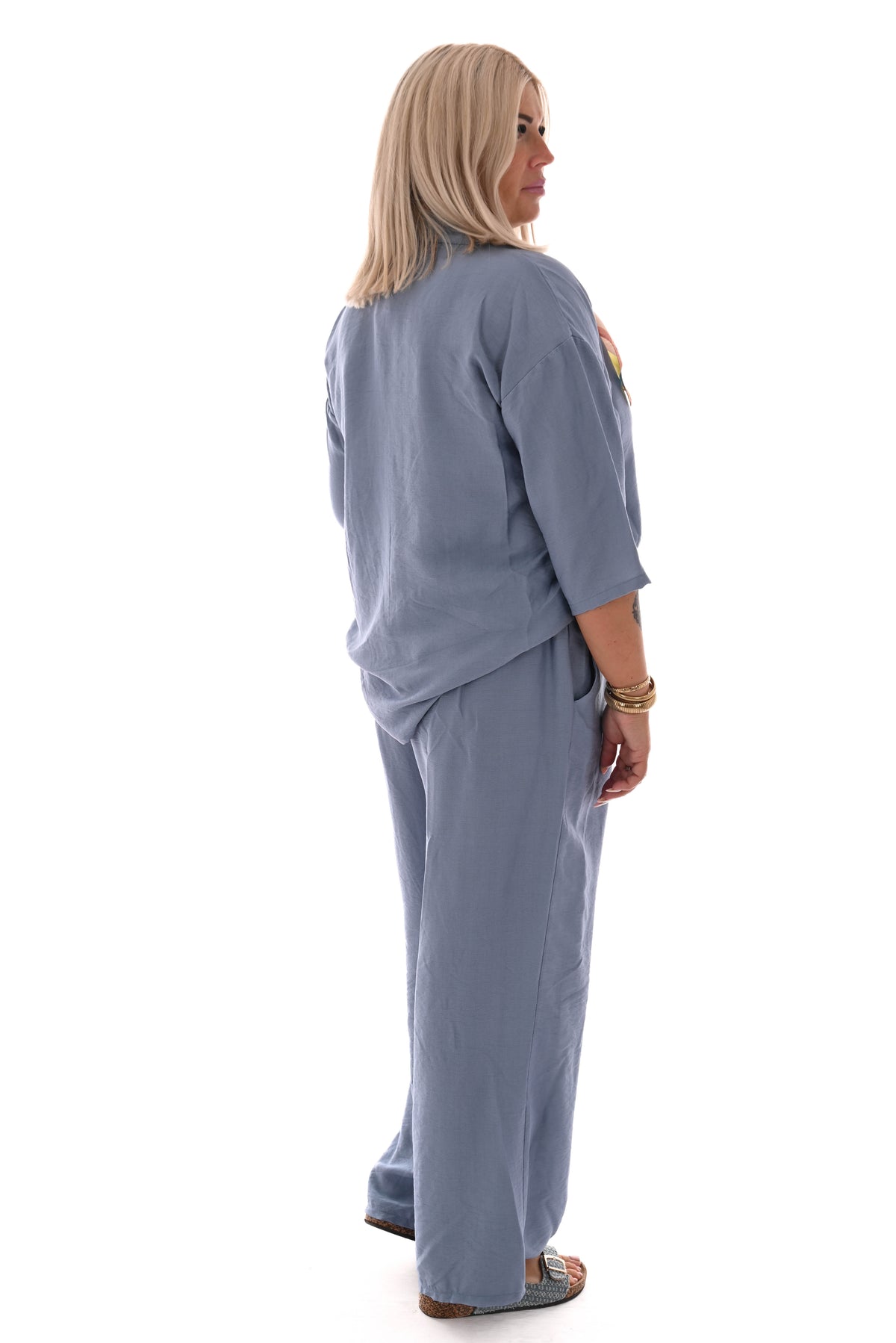 Tweedelig set blouse met borstzak uni jeansblauw