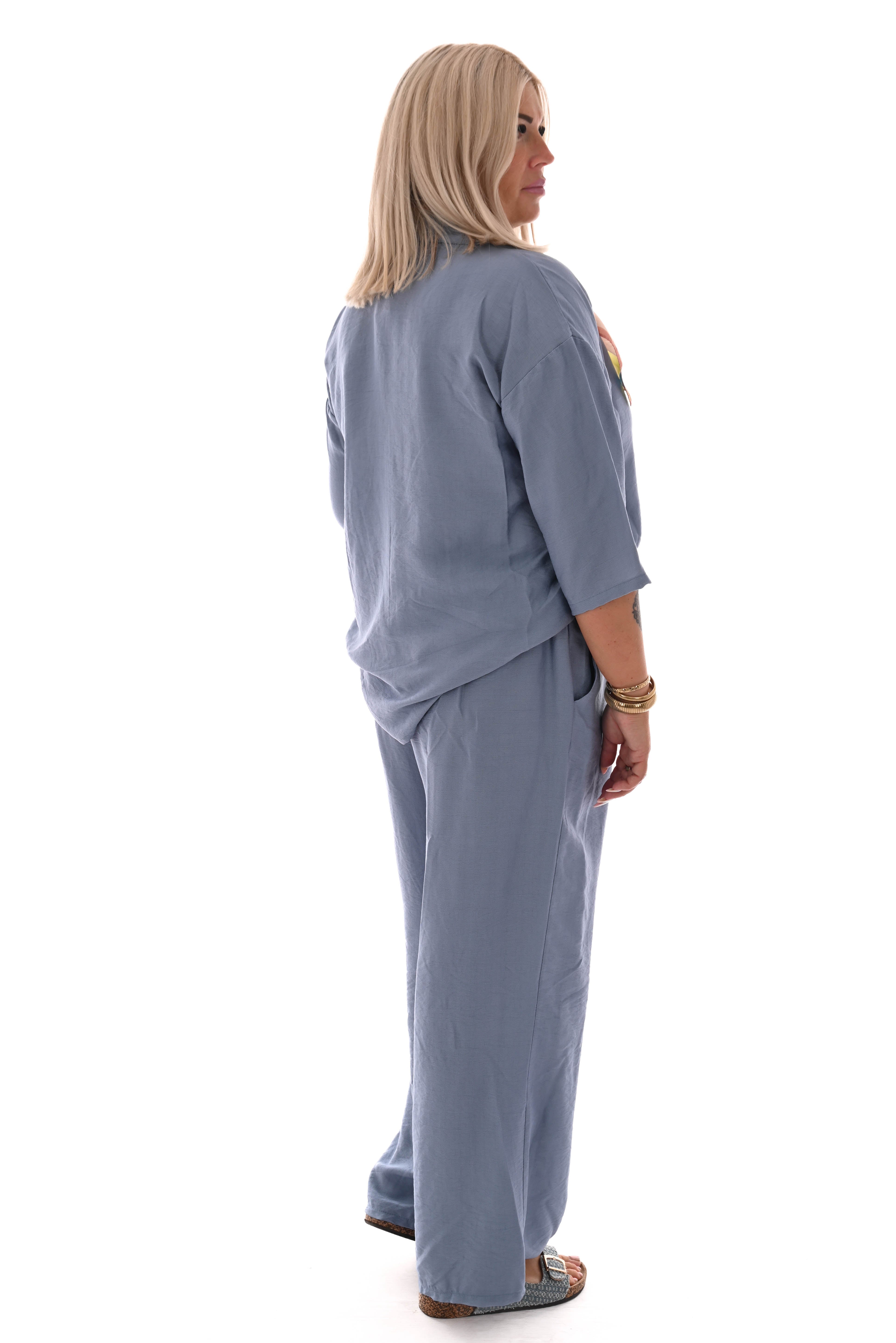 Tweedelig set blouse met borstzak uni jeansblauw