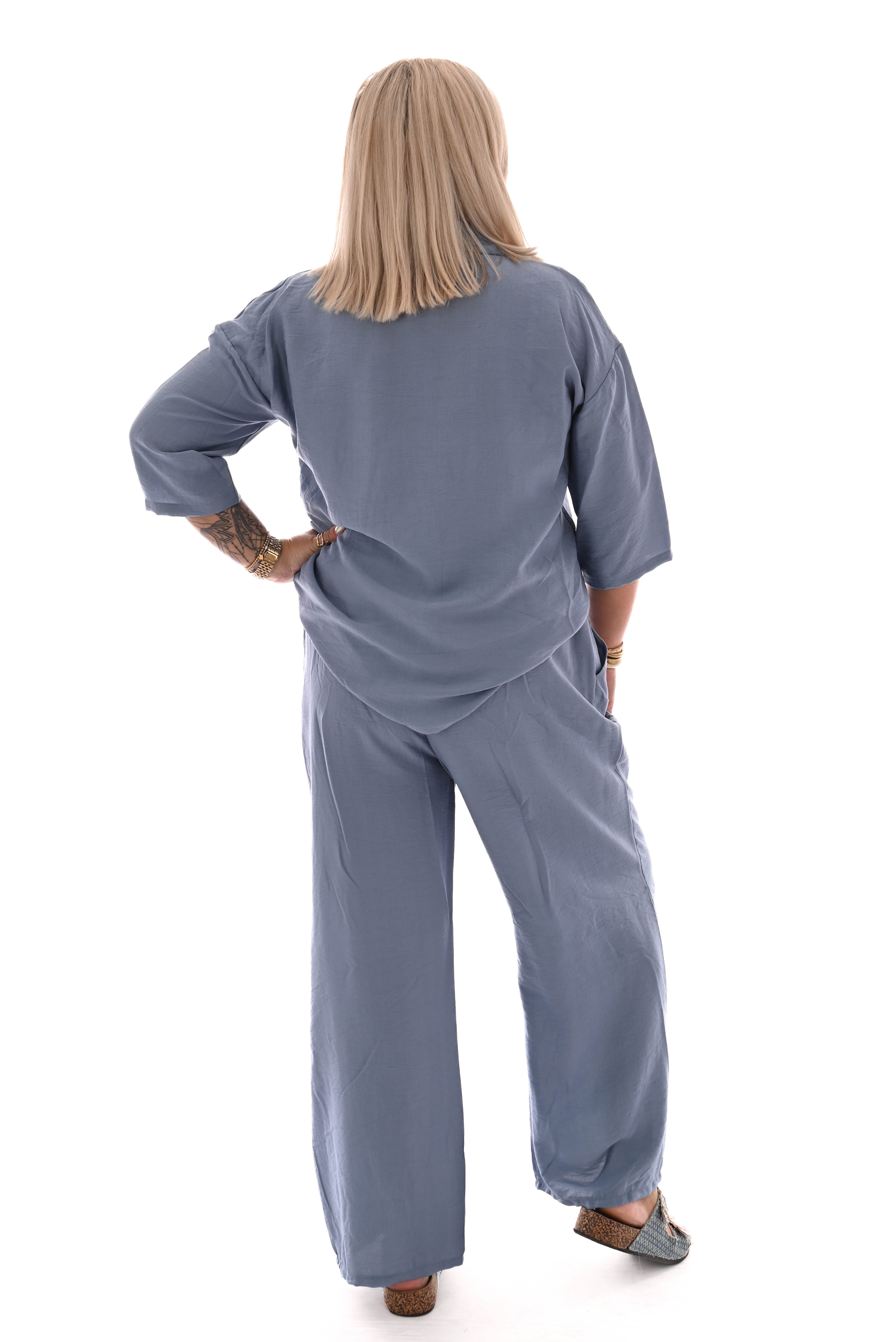 Tweedelig set blouse met borstzak uni jeansblauw