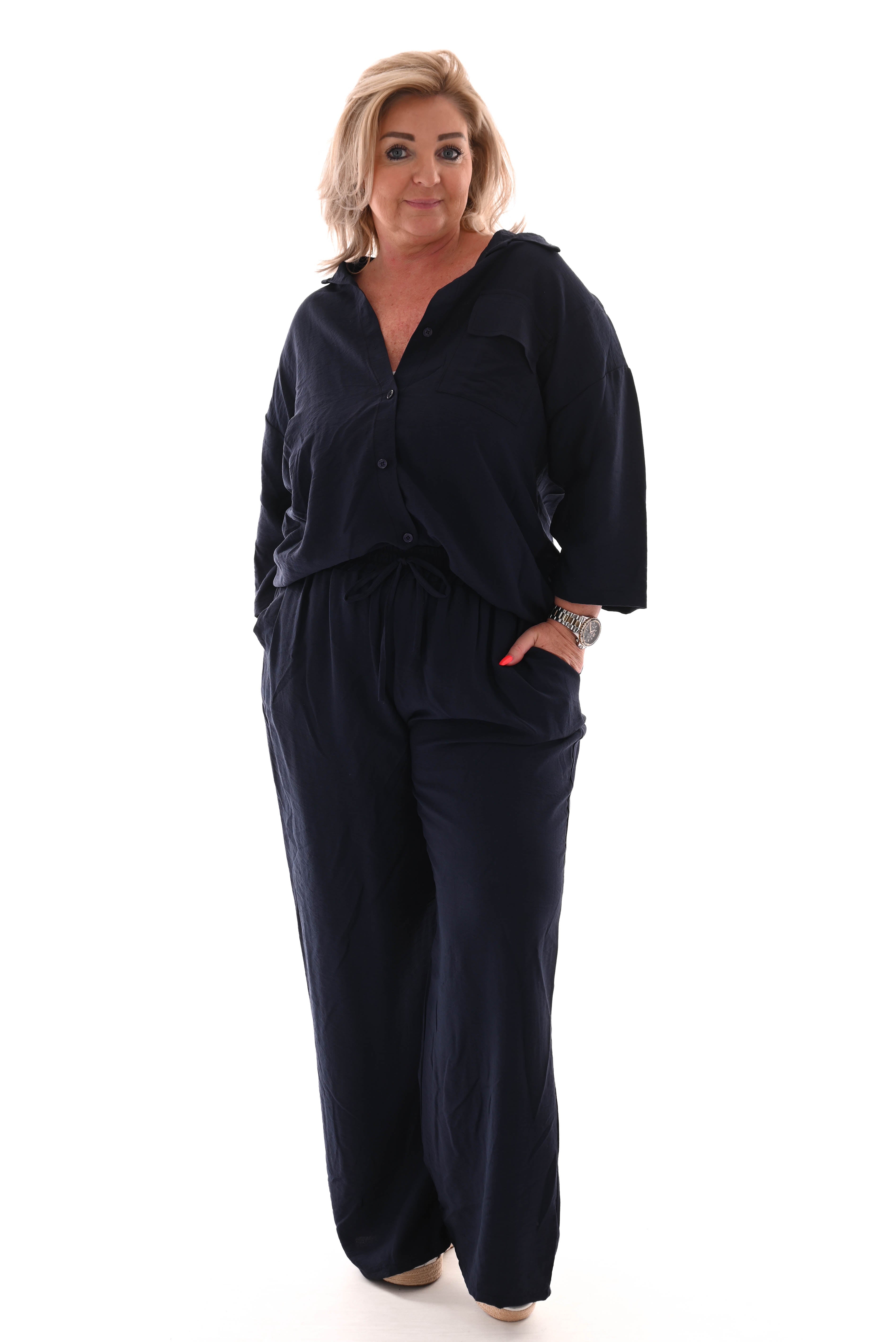 Tweedelig set blouse met borstzak uni marineblauw
