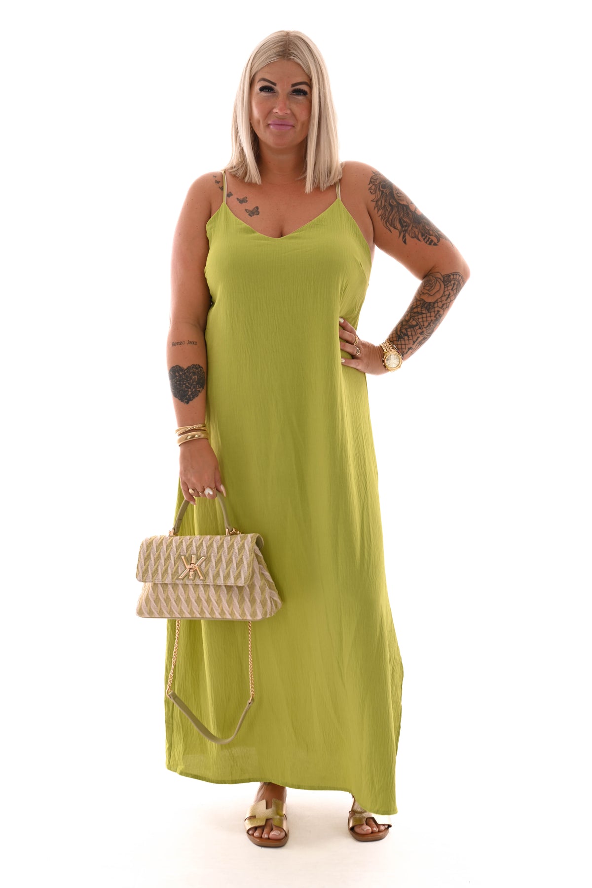 Jurk spaghetti bandjes met split uni lime