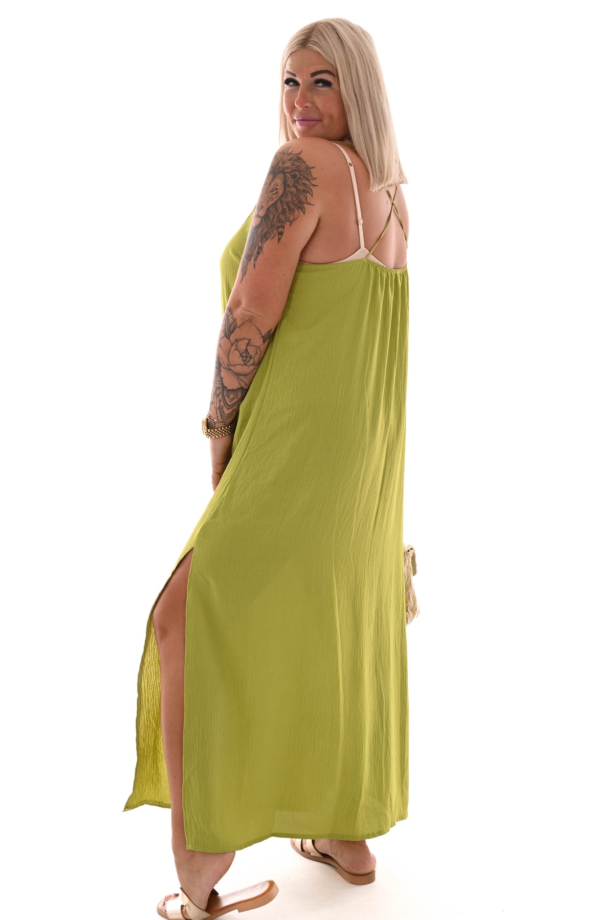 Jurk spaghetti bandjes met split uni lime