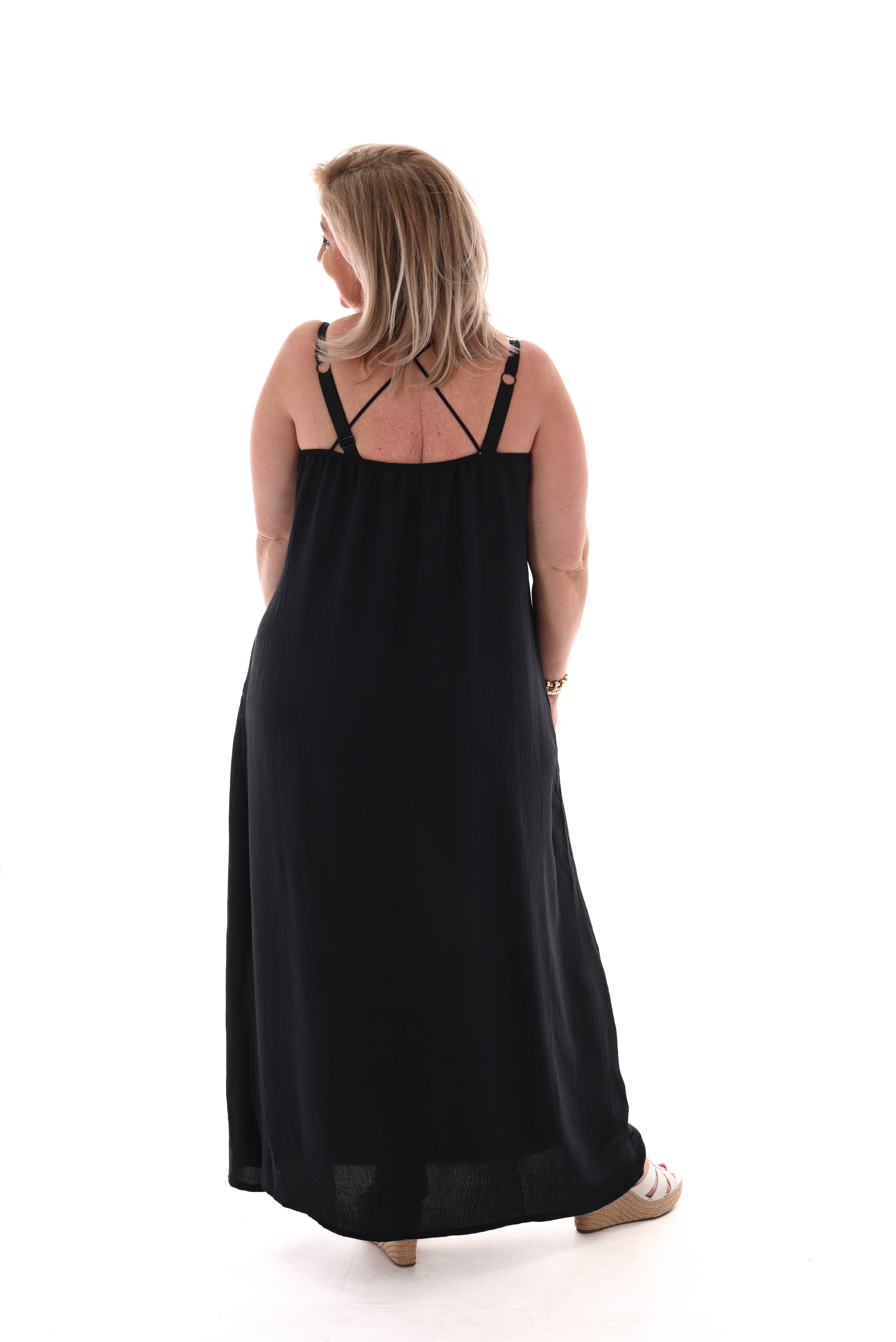 Jurk spaghetti bandjes met split uni zwart