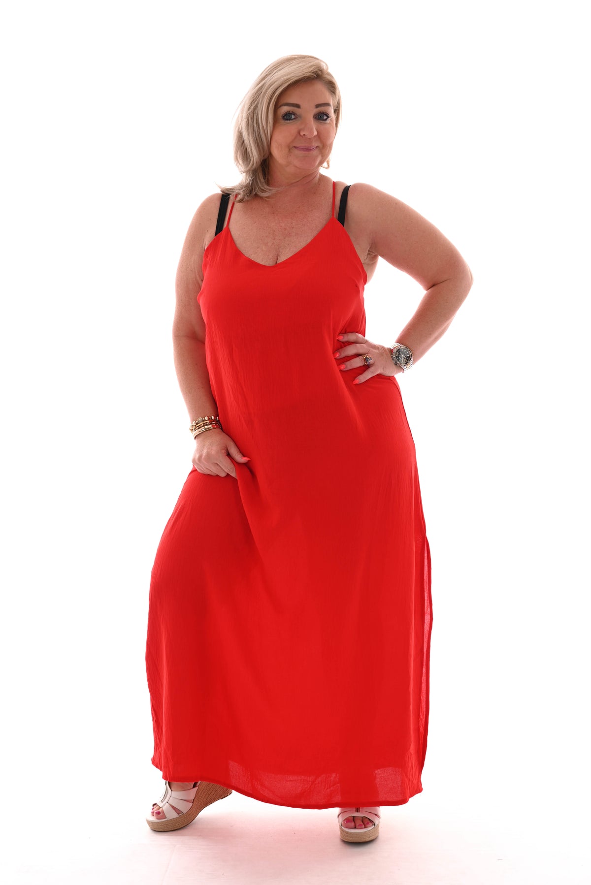 Jurk spaghetti bandjes met split uni rood