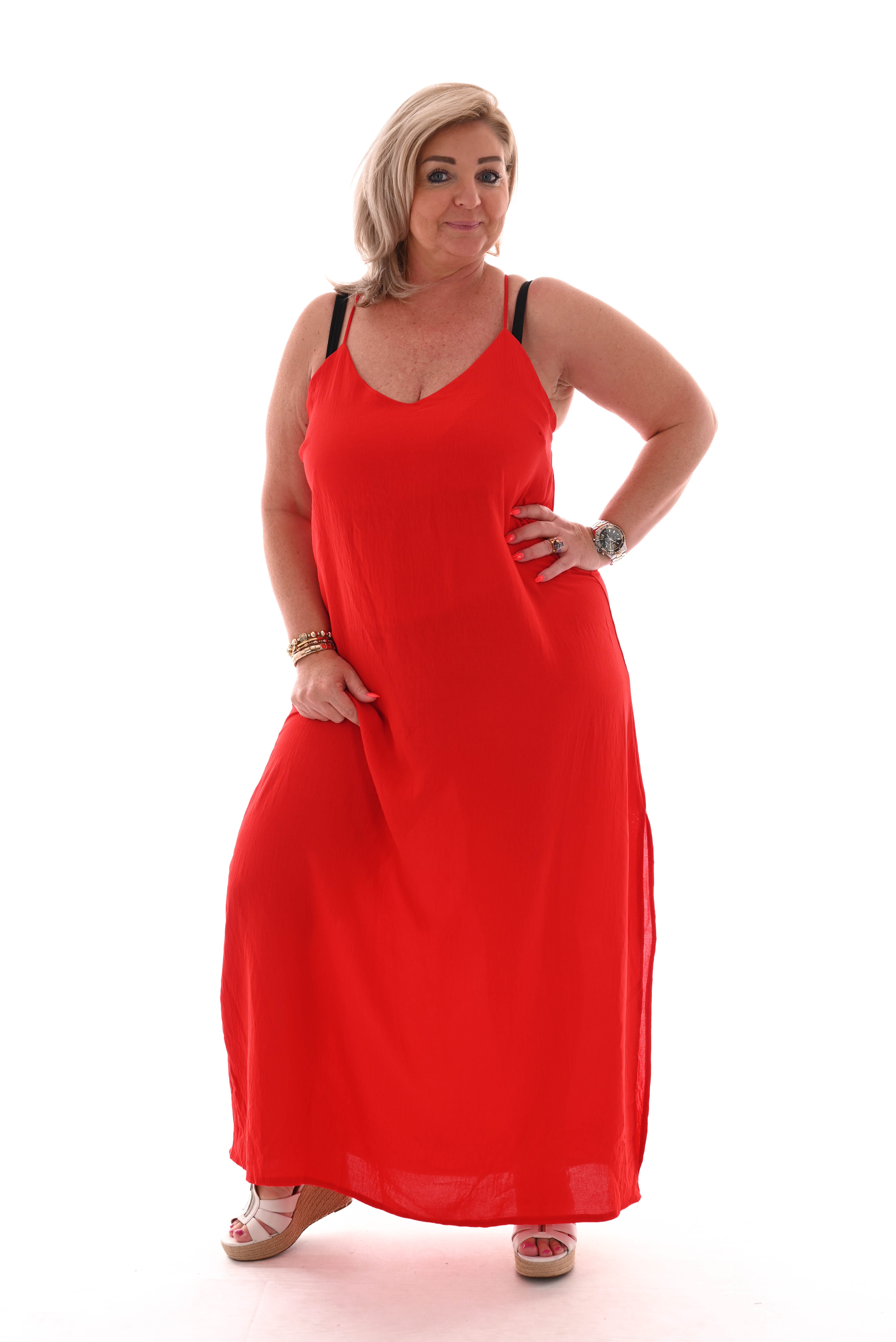 Jurk spaghetti bandjes met split uni rood