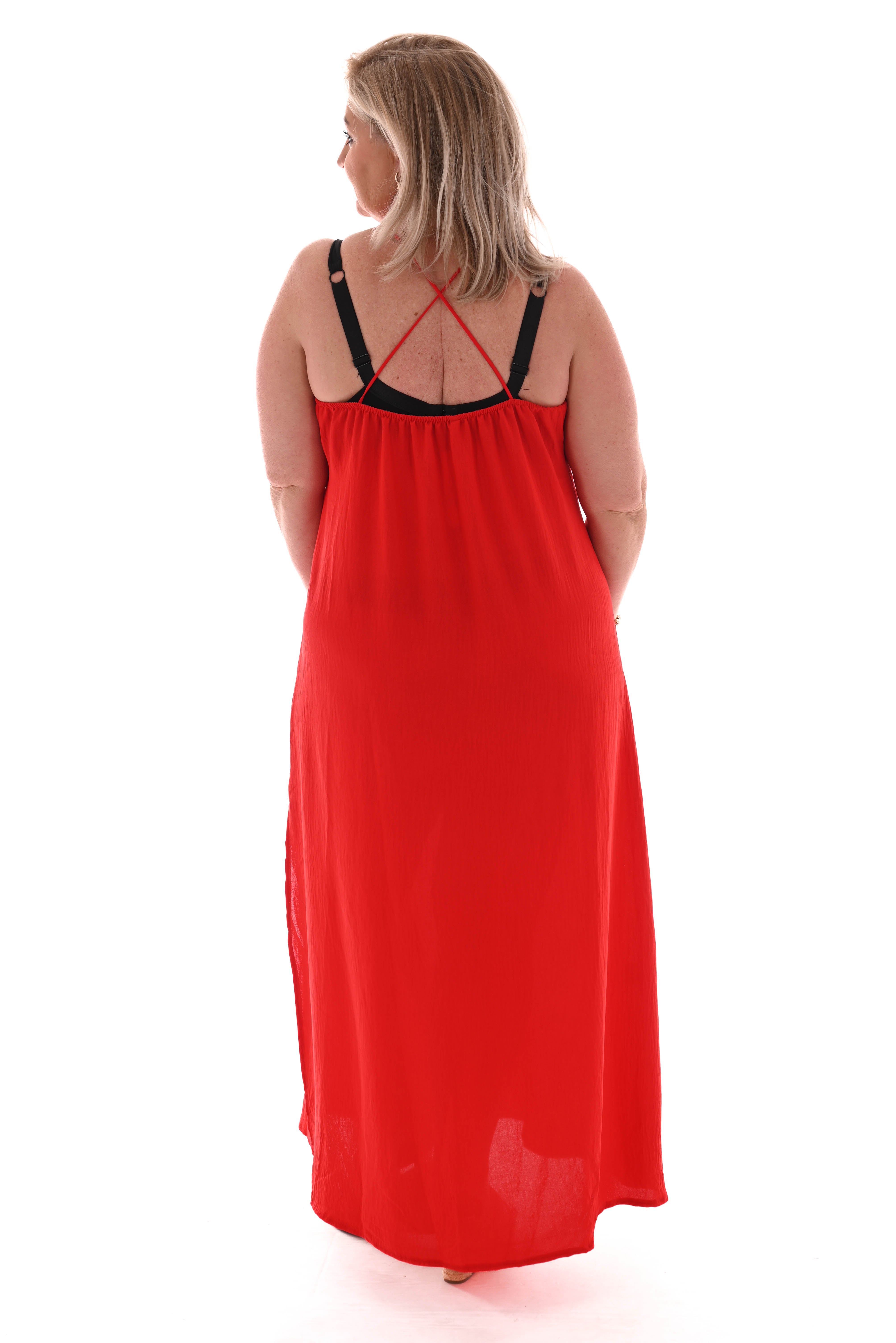 Jurk spaghetti bandjes met split uni rood