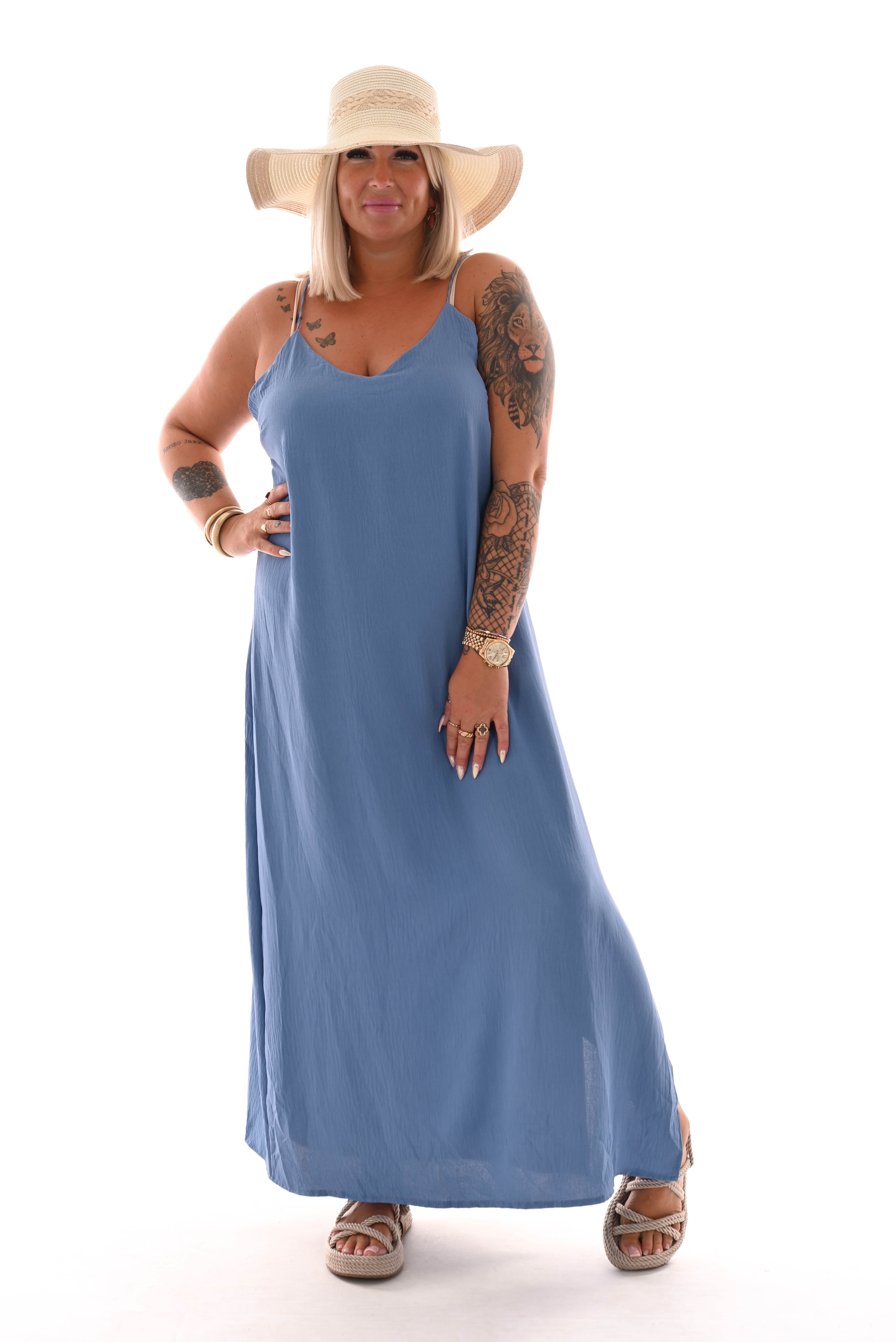 Jurk spaghetti bandjes met split uni jeansblauw