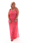Lange jurk spaghetti bandjes met split print blad roze/rood