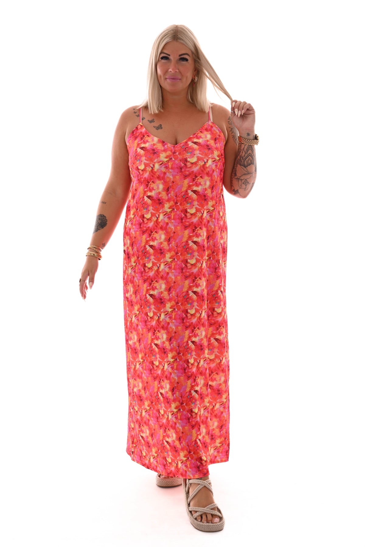 Lange jurk spaghetti bandjes met split print mix roze/oranje