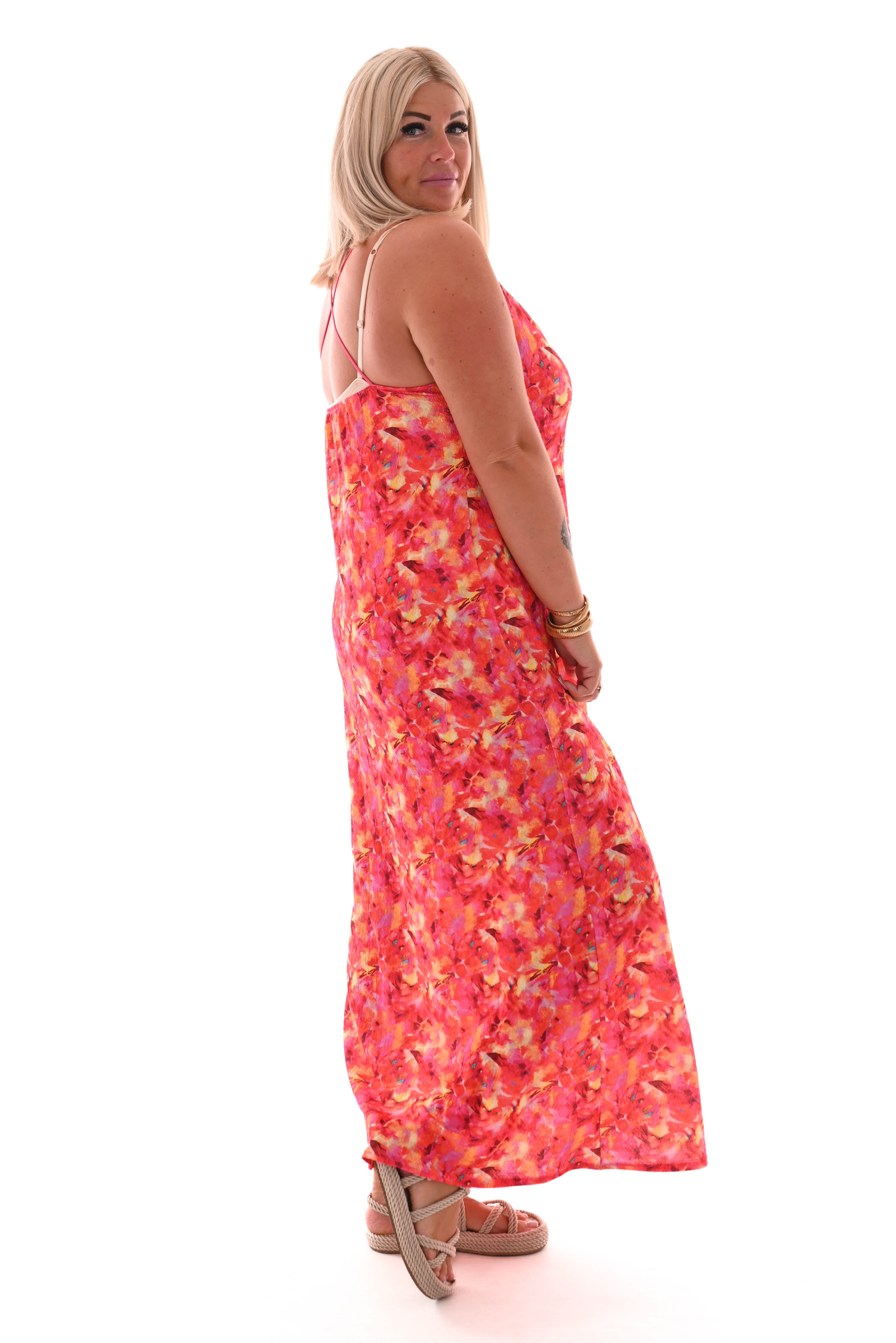 Lange jurk spaghetti bandjes met split print mix roze/oranje