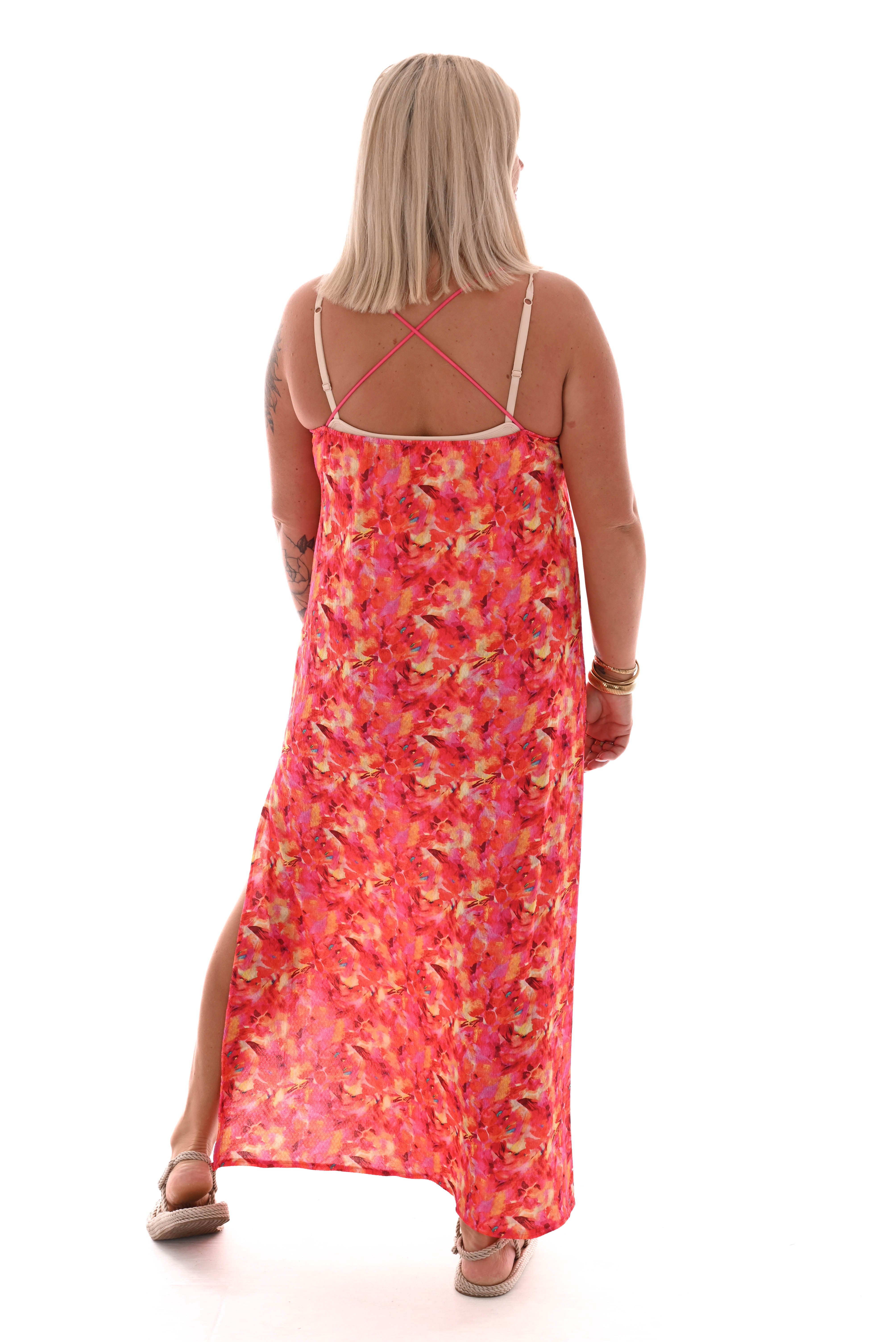 Lange jurk spaghetti bandjes met split print mix roze/oranje