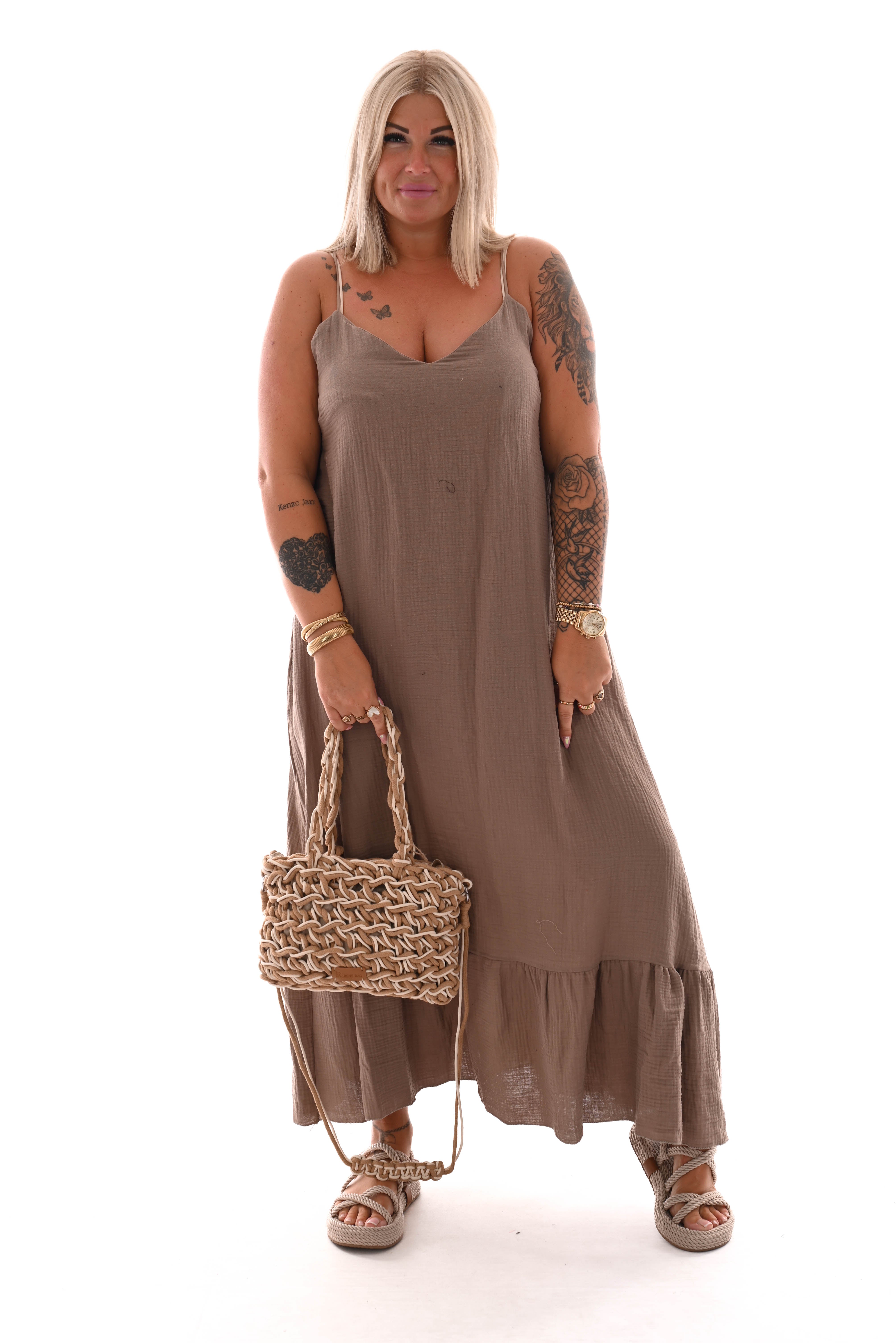 Lange jurk spaghetti bandjes roezel uni taupe