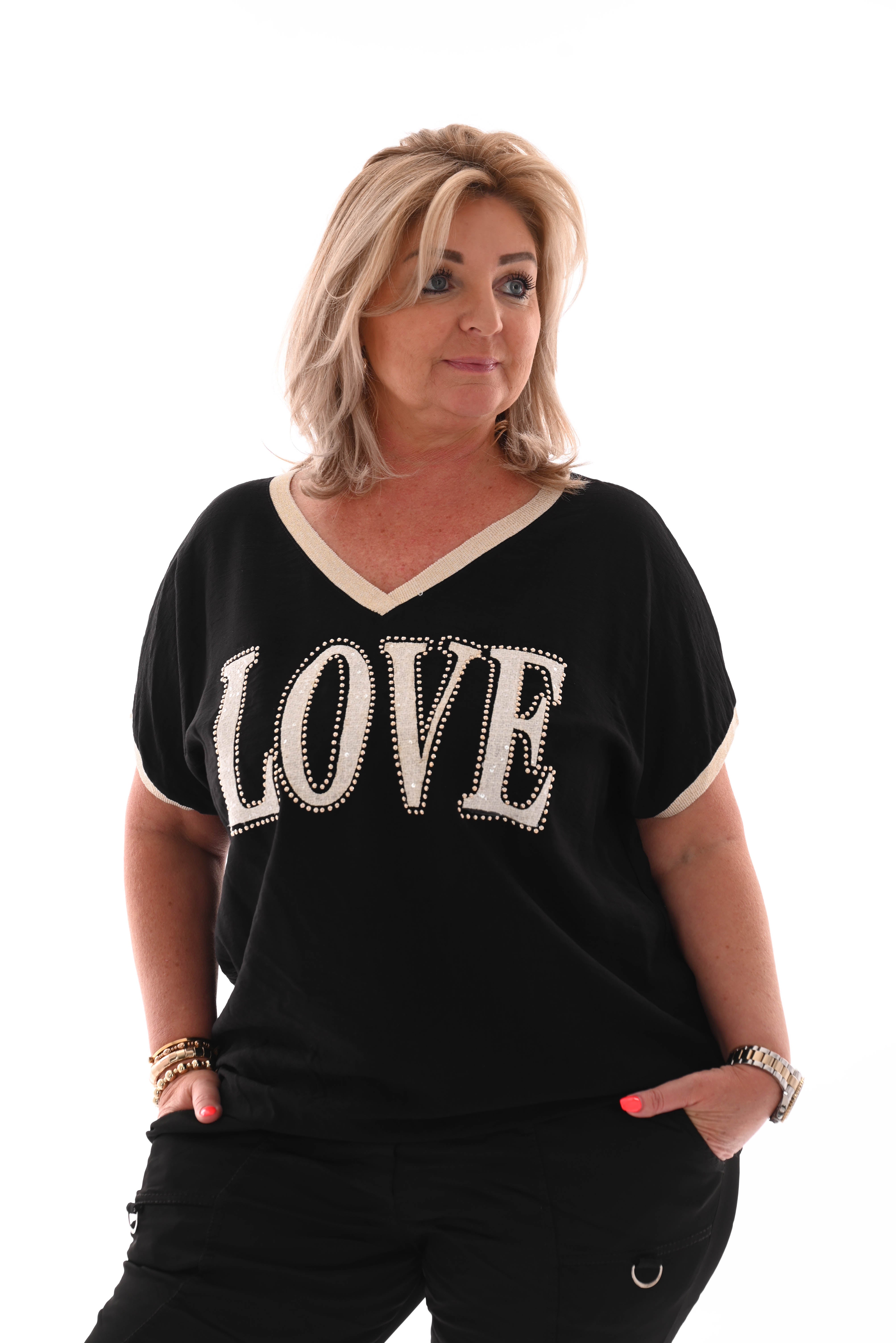 Shirt love pailletten zwart