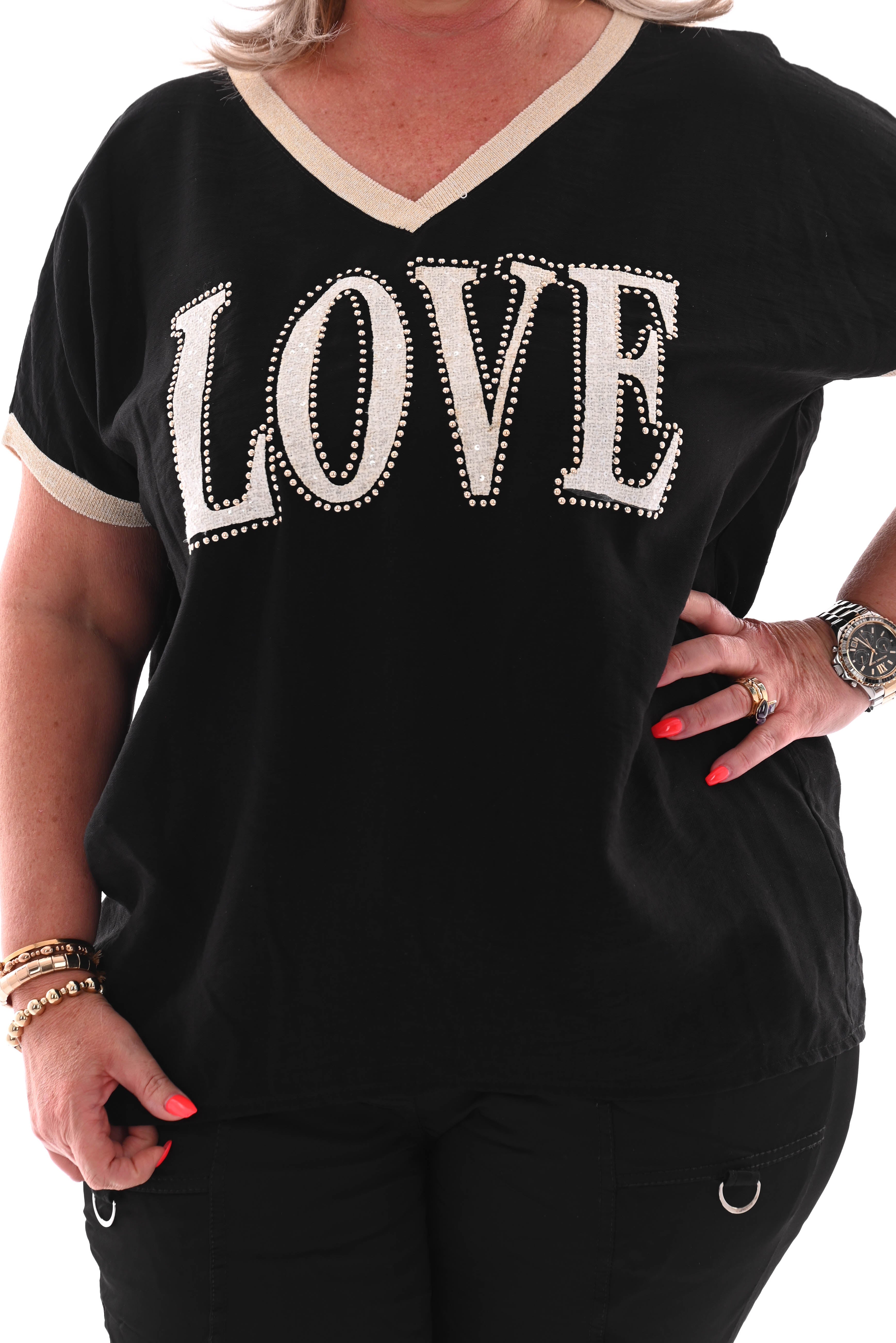 Shirt love pailletten zwart