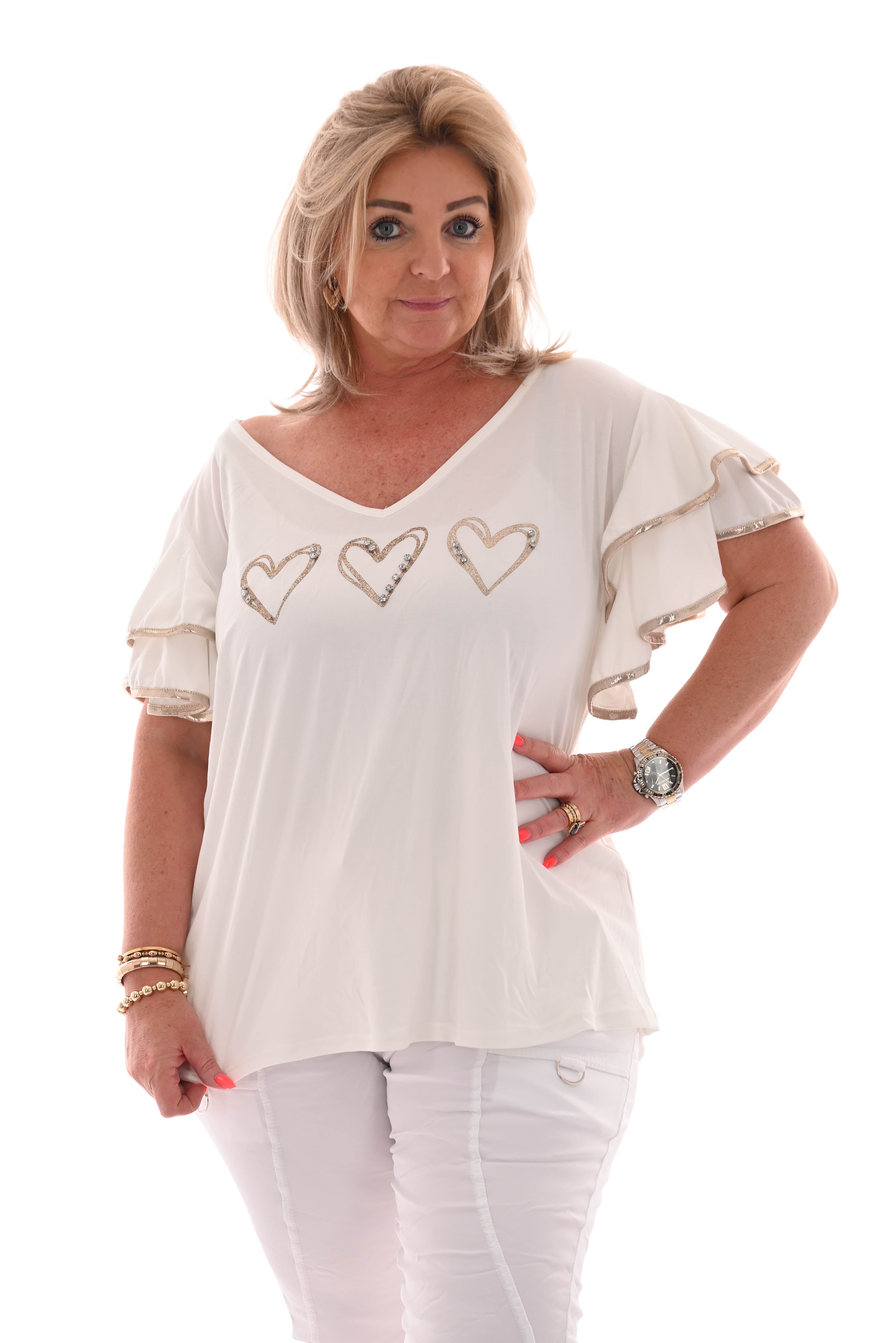 Shirt hartjes steentjes roomwit