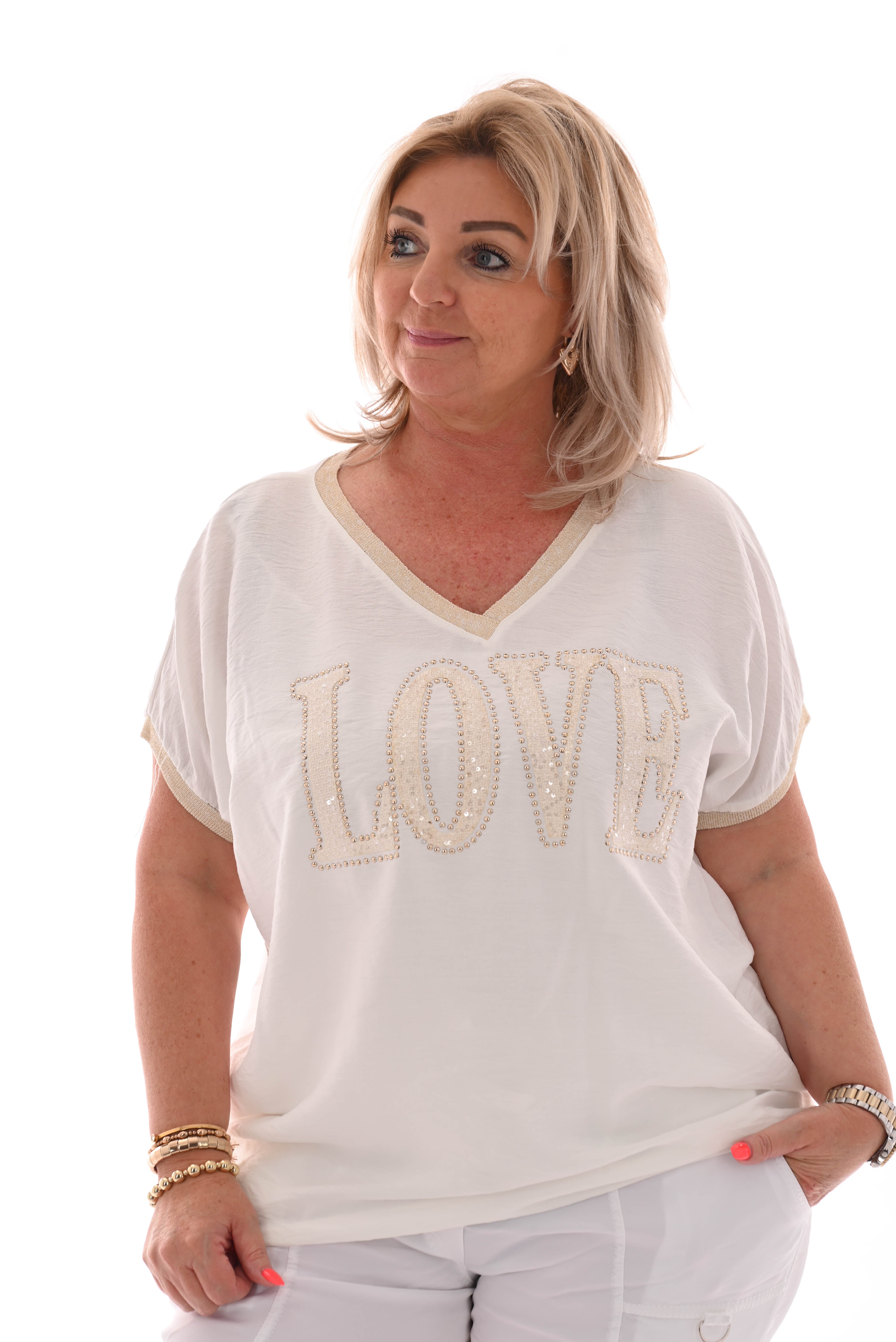 Shirt love pailletten roomwit