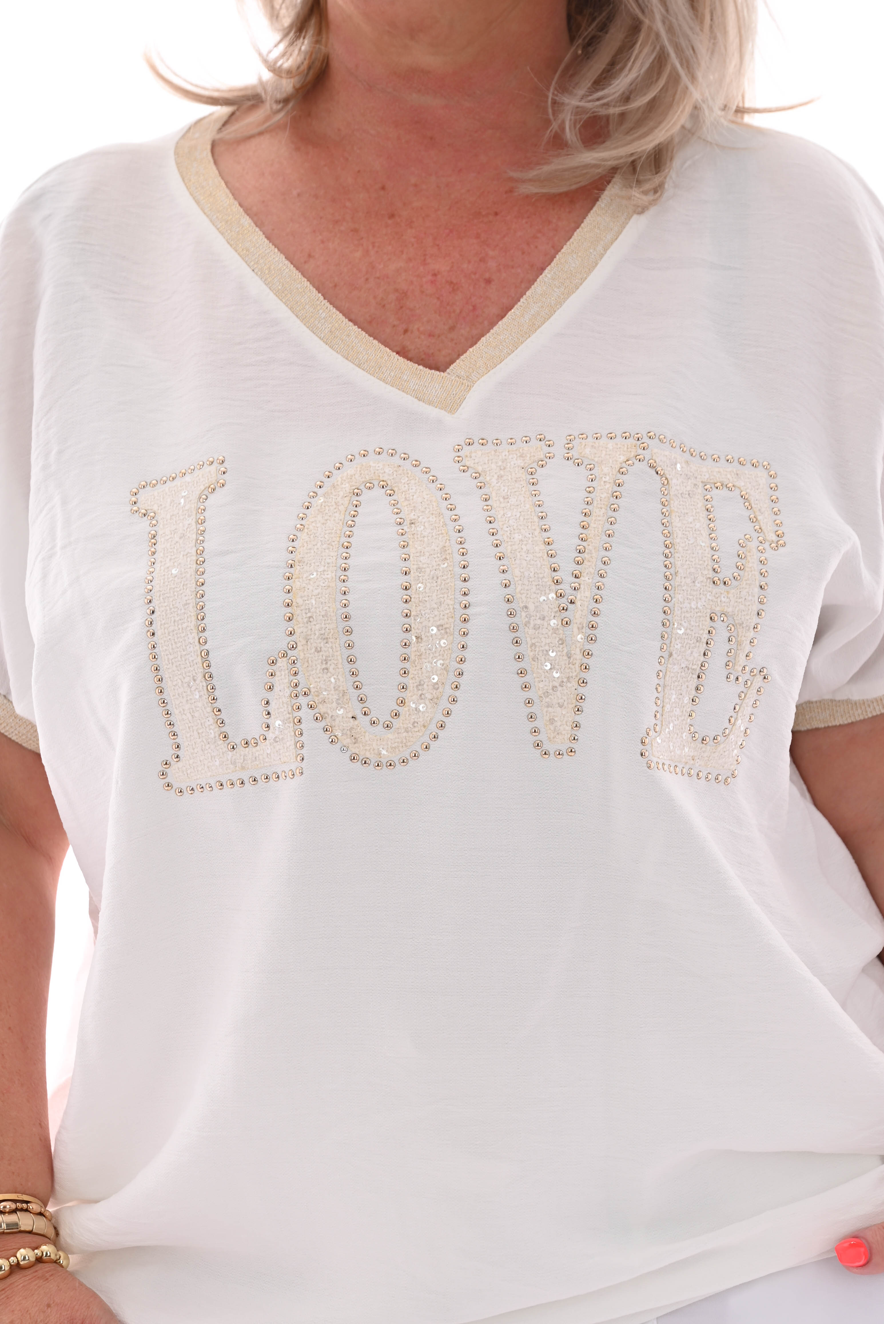 Shirt love pailletten roomwit