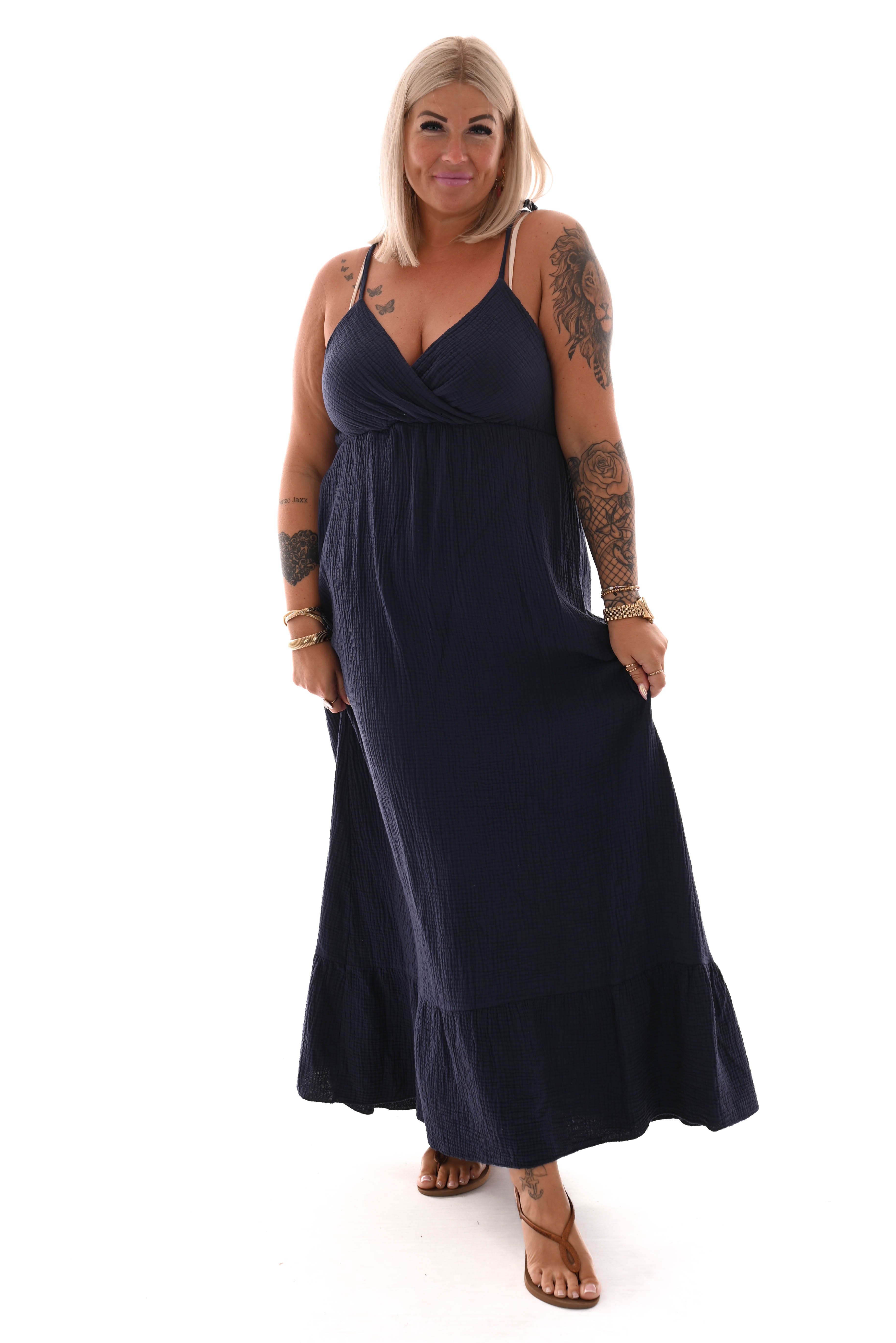 Lange jurk wafel strik marineblauw