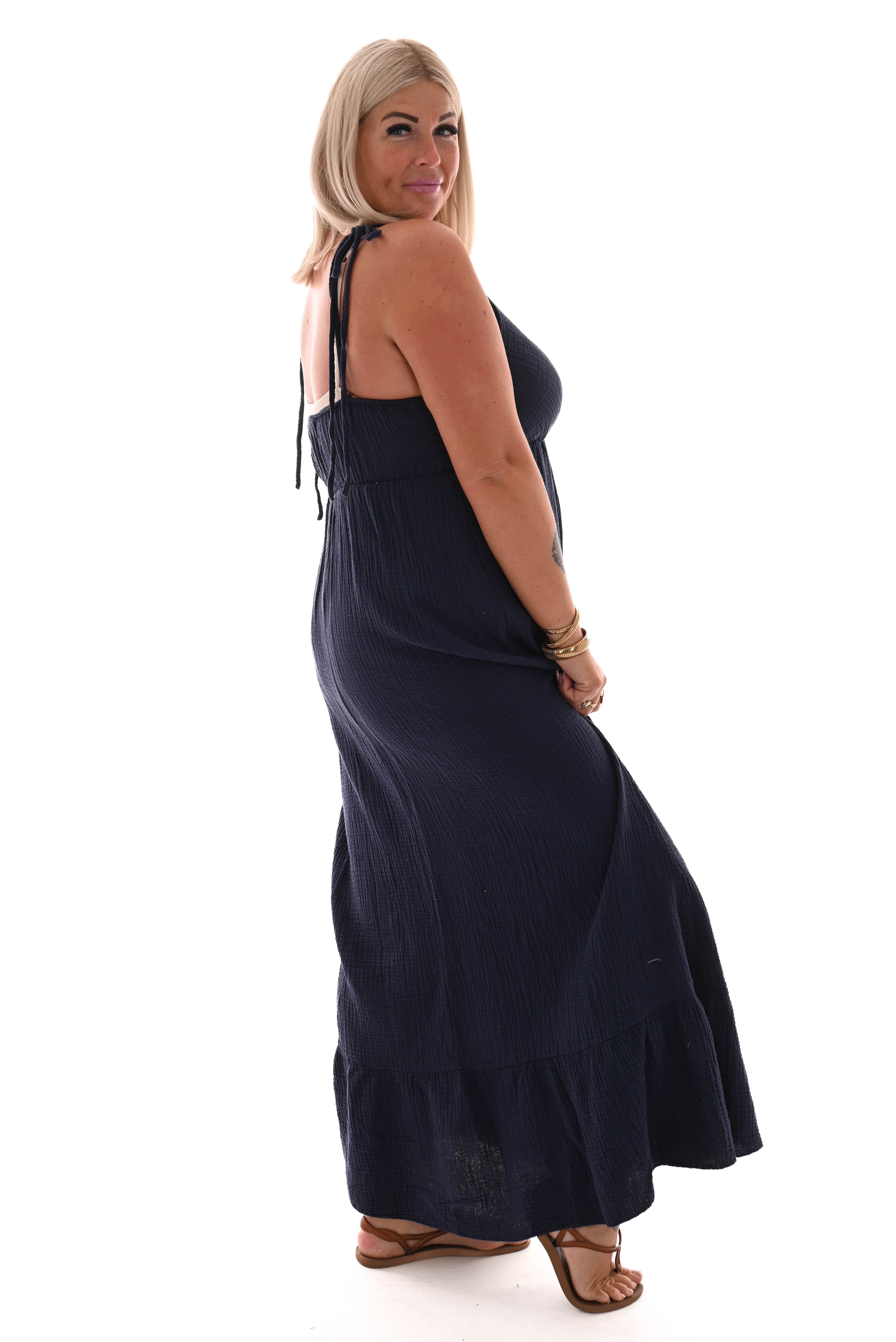 Lange jurk wafel strik marineblauw