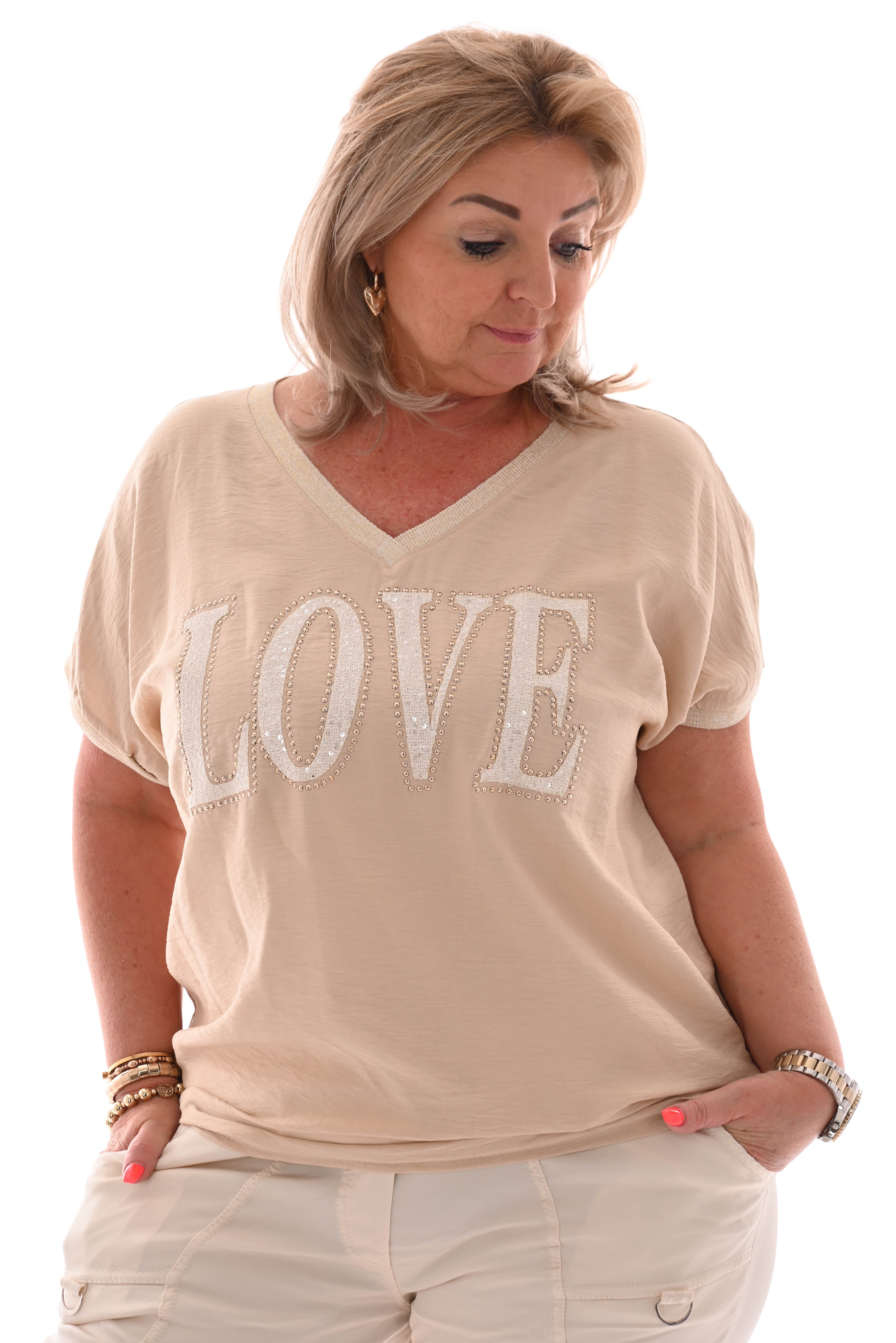Shirt love pailletten beige