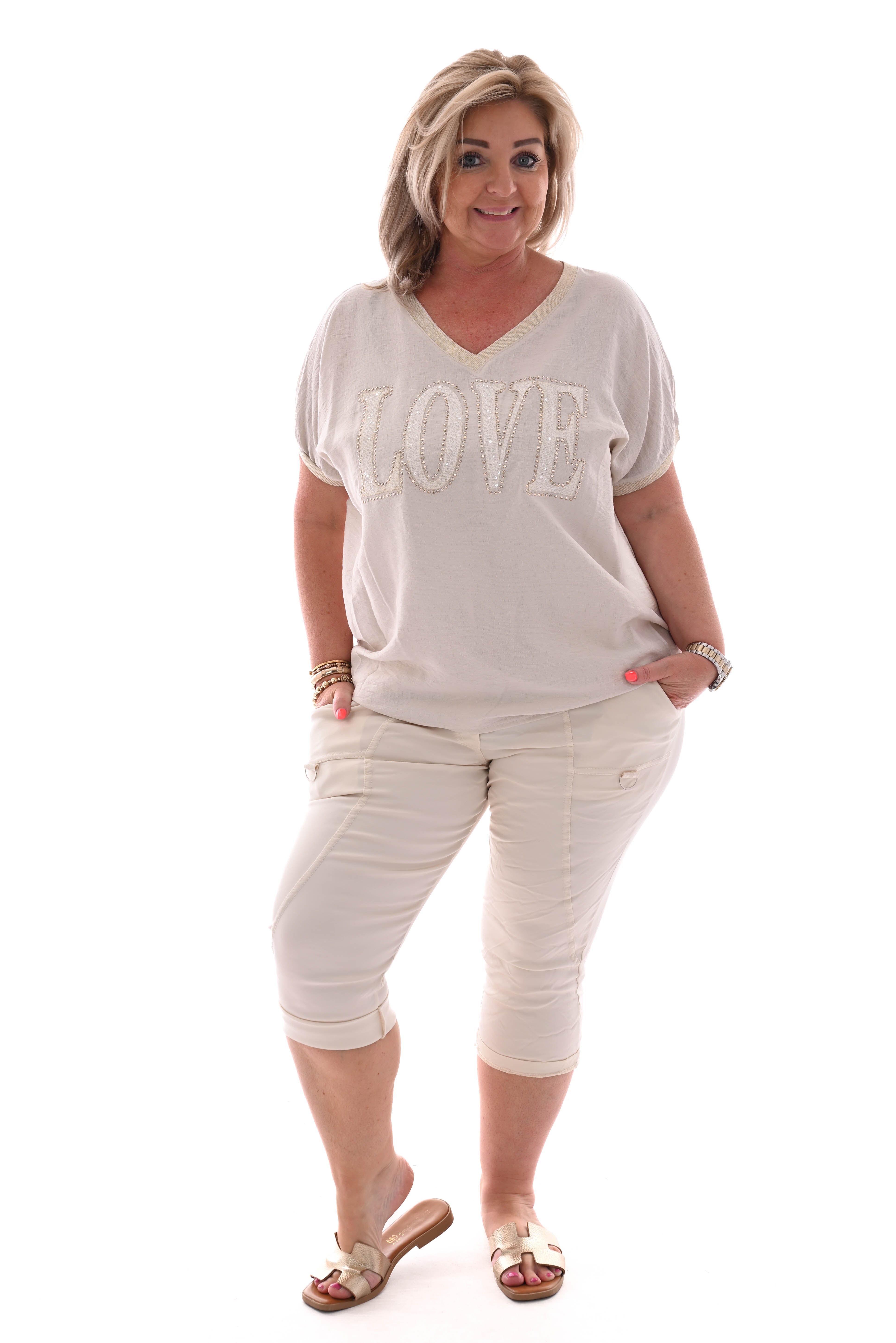 Shirt love pailletten creme