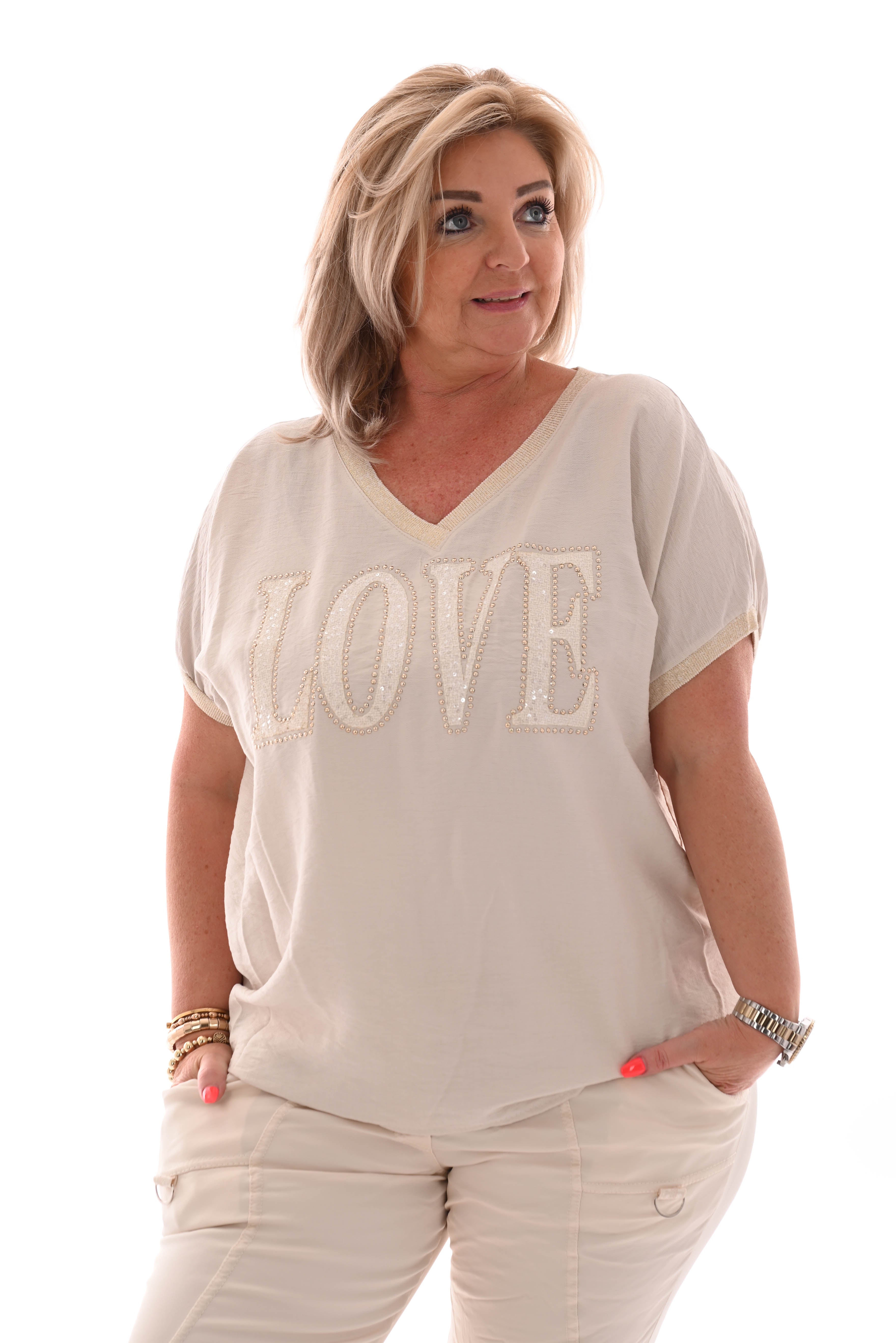Shirt love pailletten creme
