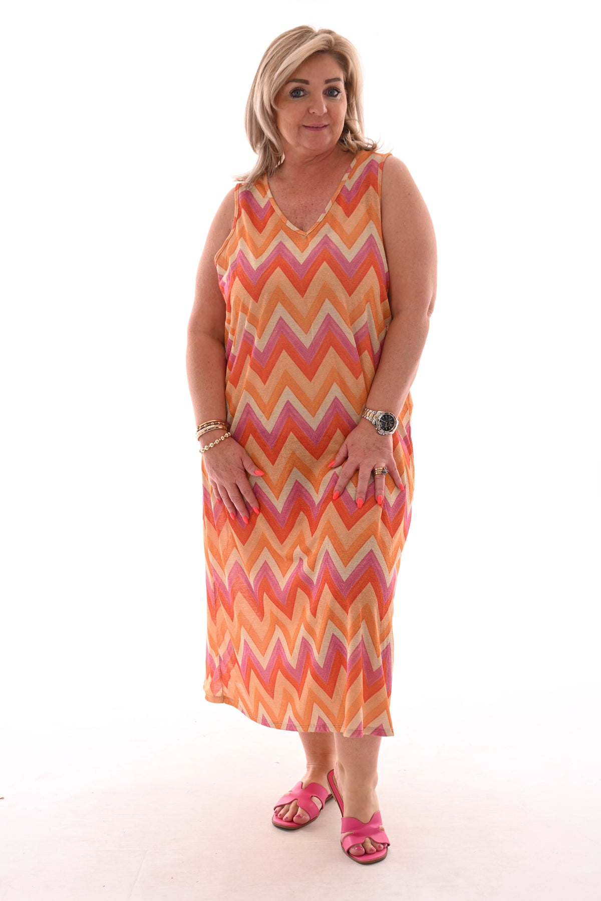 Jurk zigzag mouwloos geel/oranje