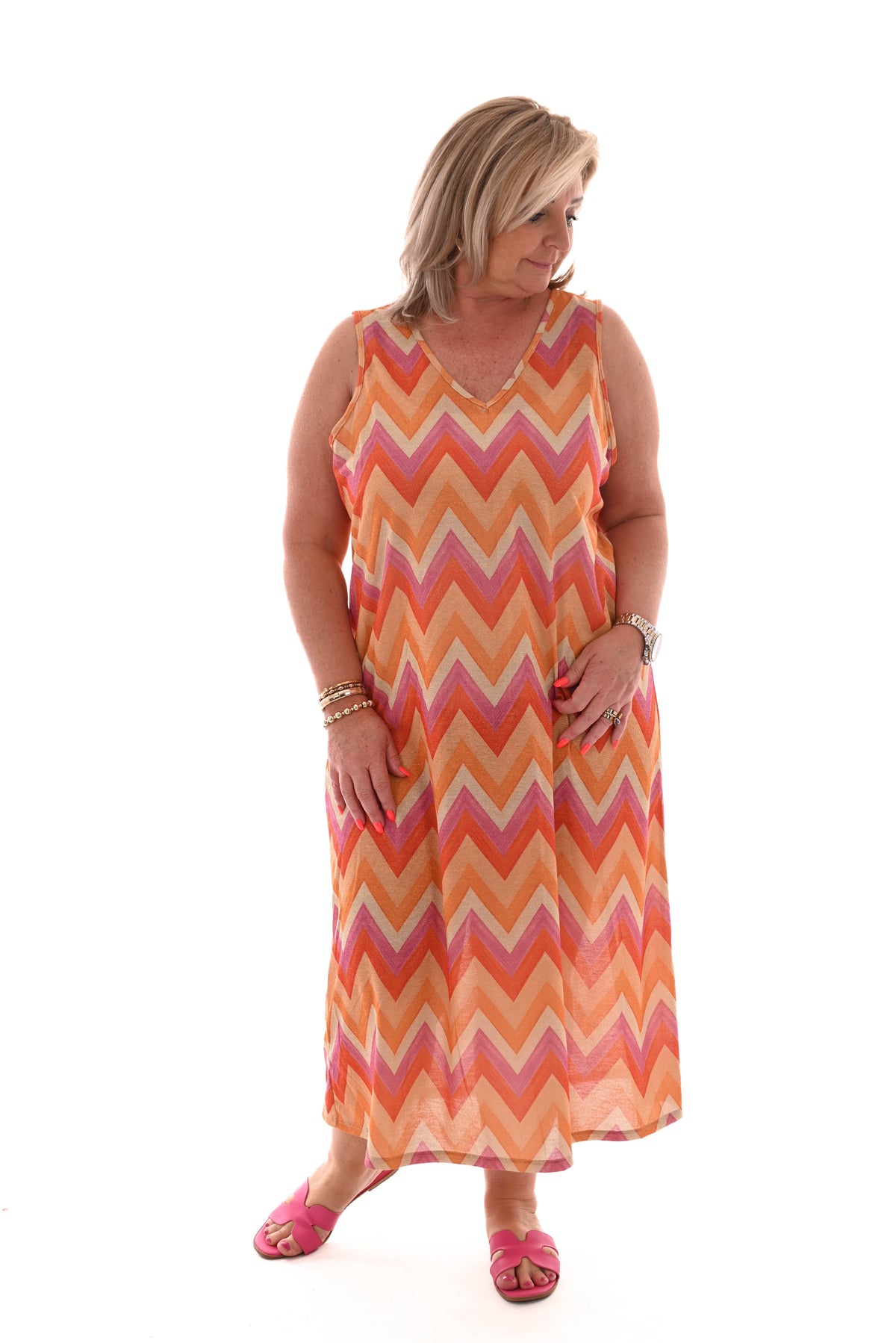 Jurk zigzag mouwloos geel/oranje