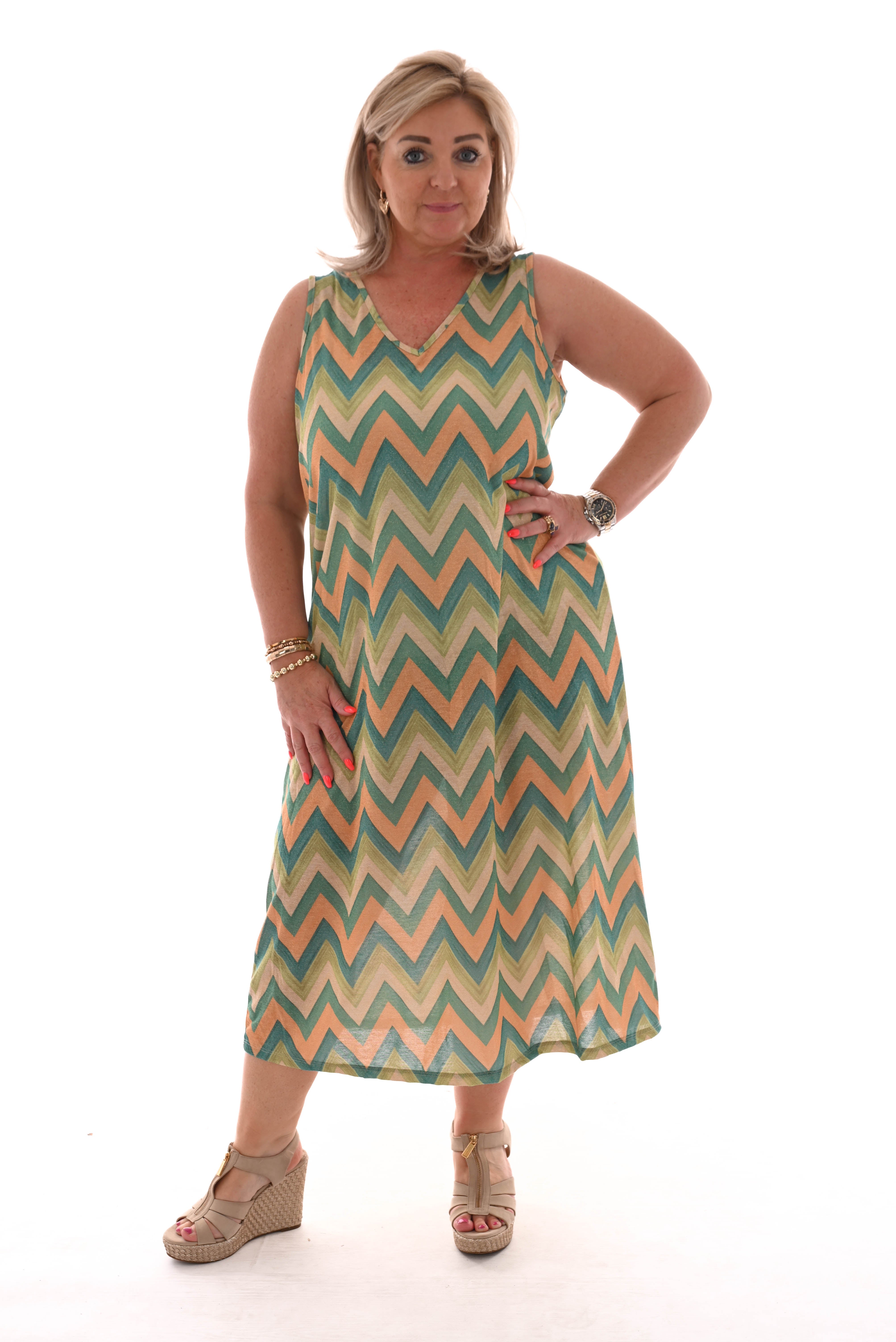 Jurk zigzag mouwloos turquoise/oranje