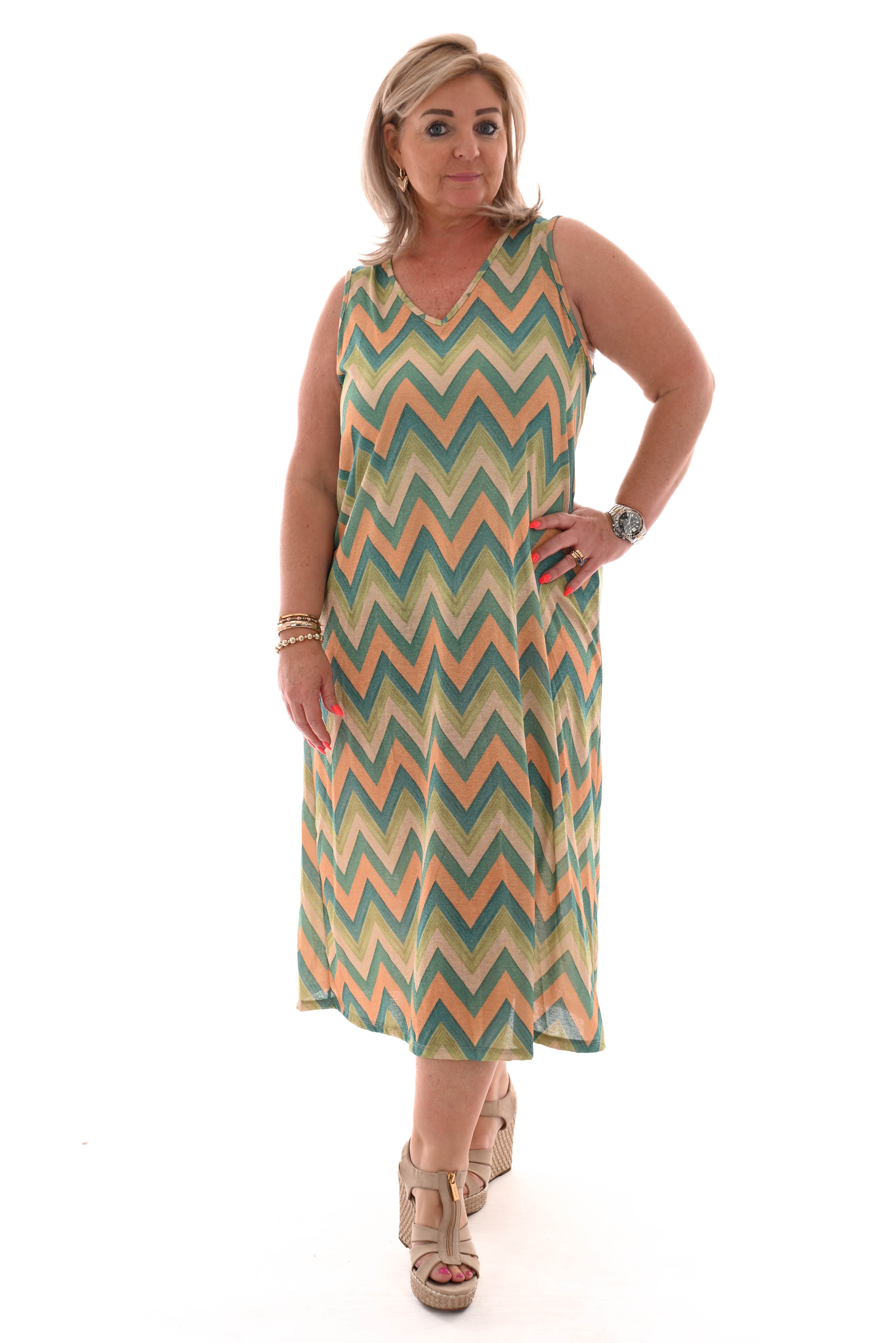 Jurk zigzag mouwloos turquoise/oranje