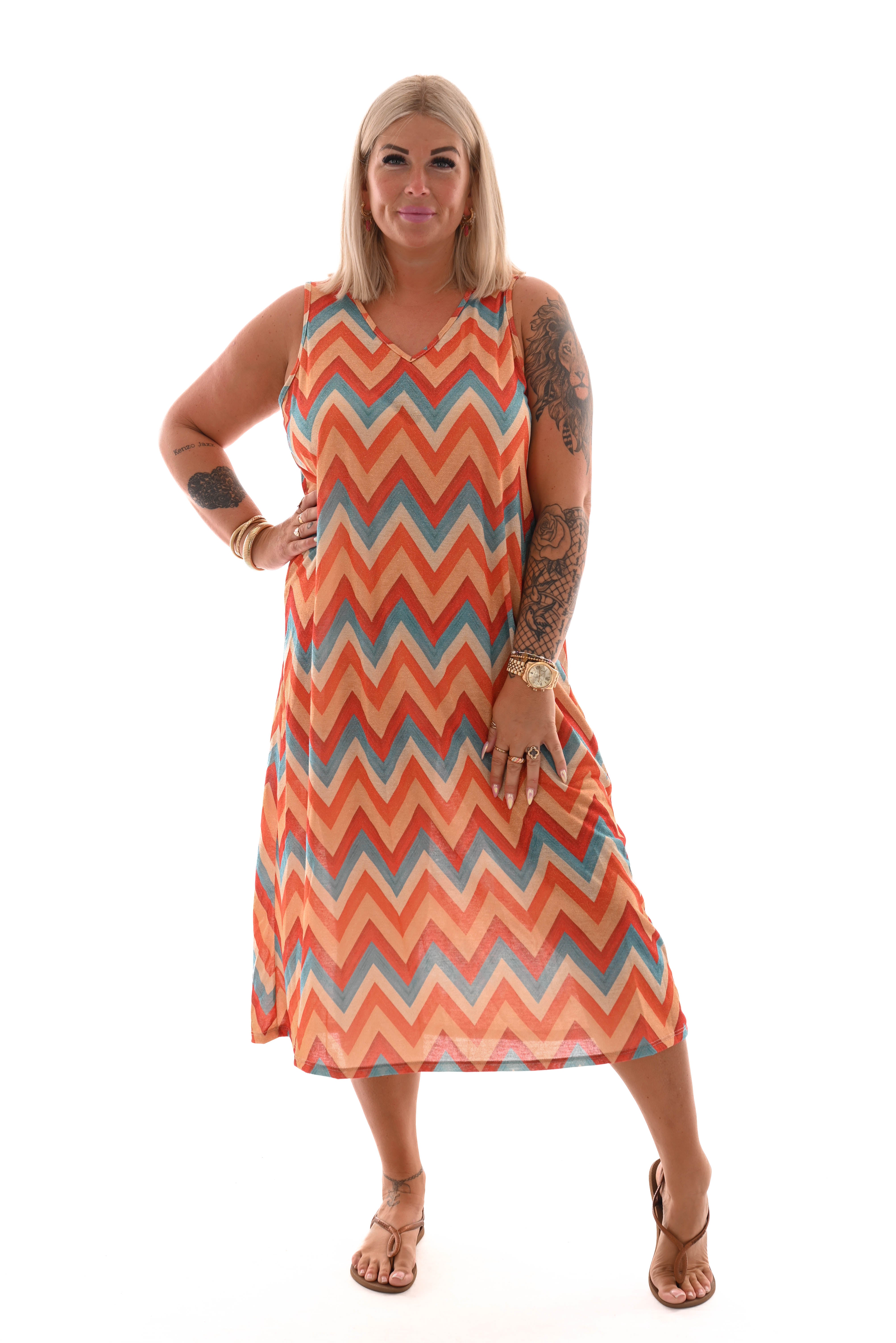 Jurk zigzag mouwloos brick/blauw