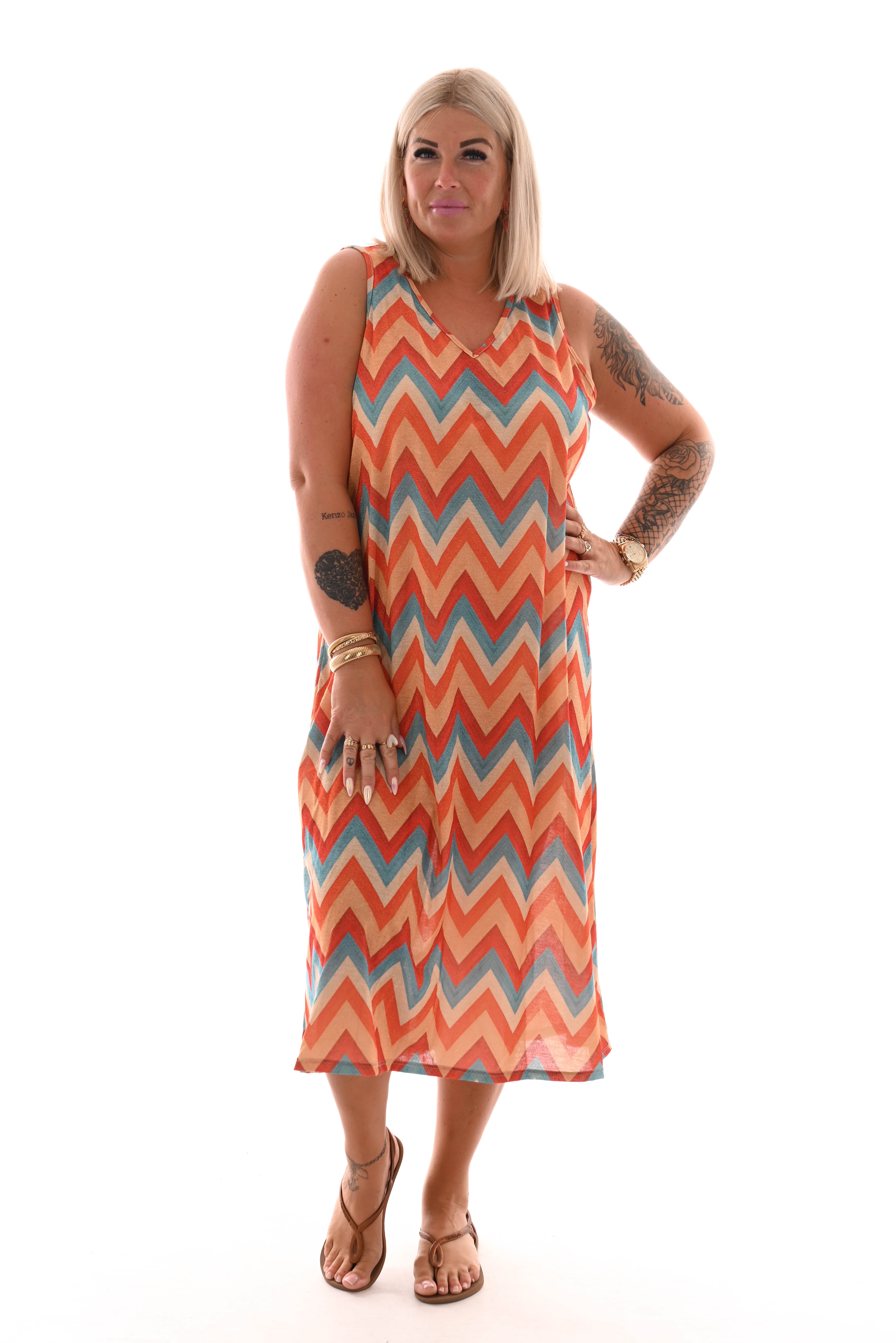 Jurk zigzag mouwloos brick/blauw