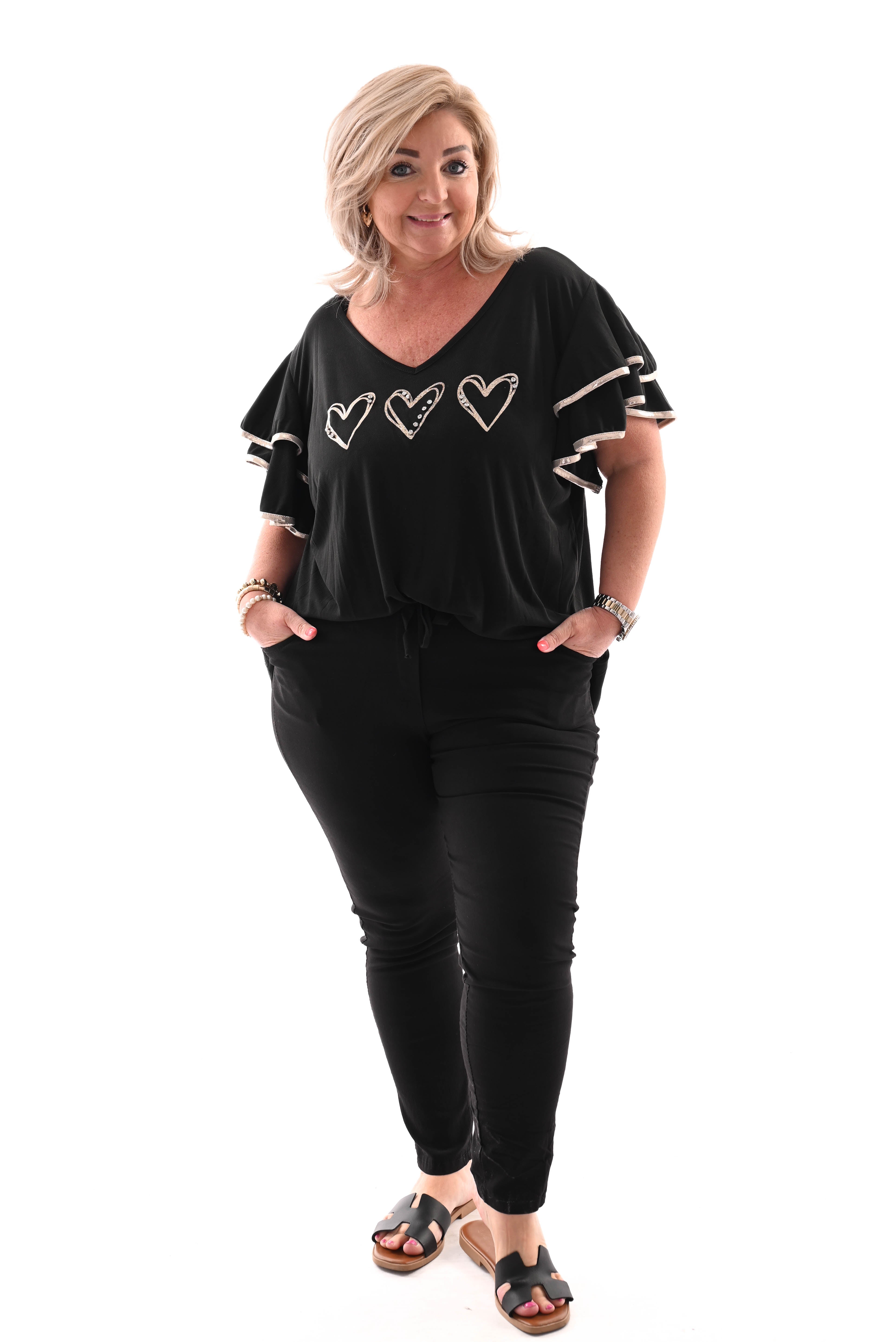 Shirt hartjes steentjes zwart