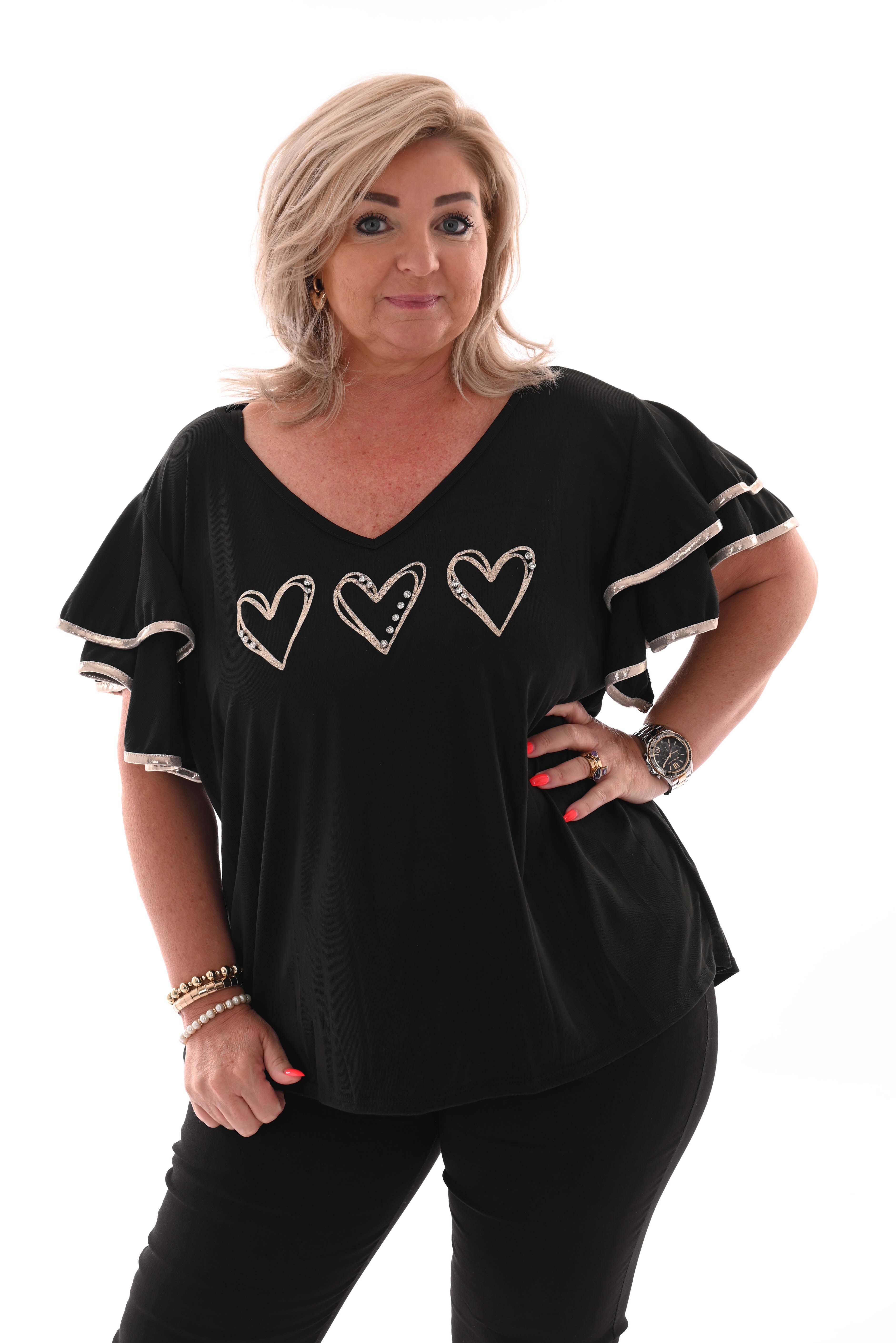 Shirt hartjes steentjes zwart