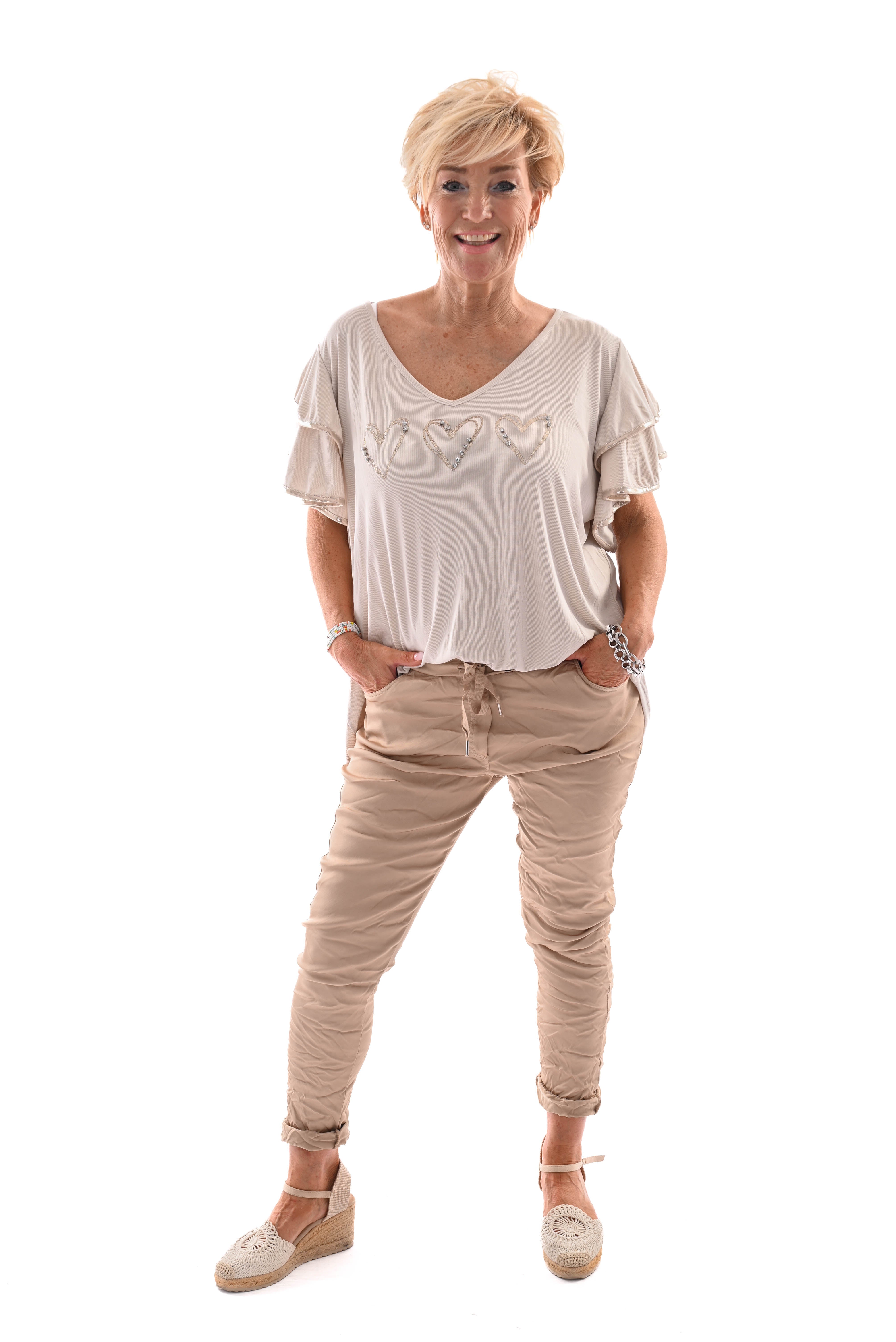 Shirt hartjes steentjes beige