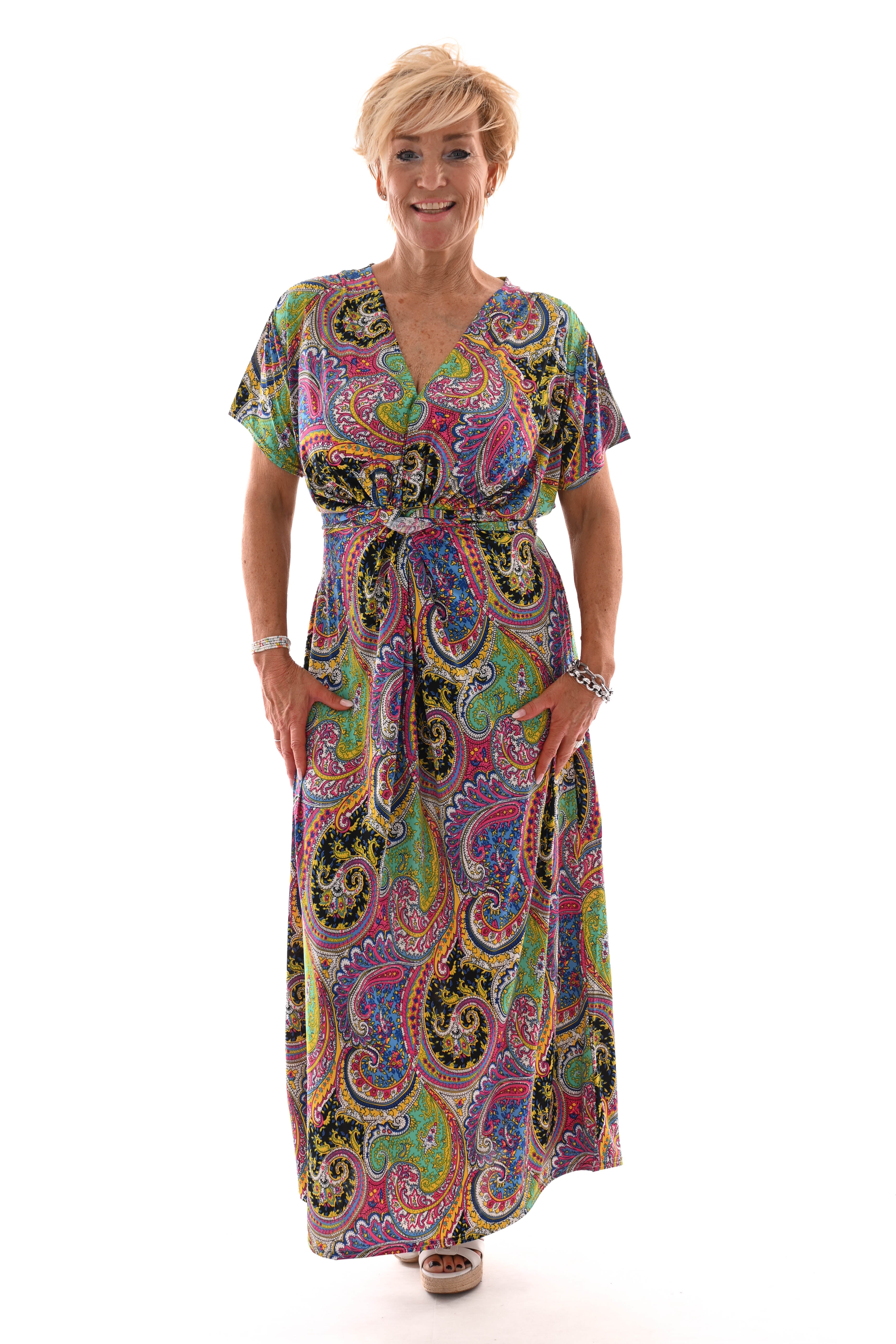 Lange jurk knoopdetail print paisley zwart/groen