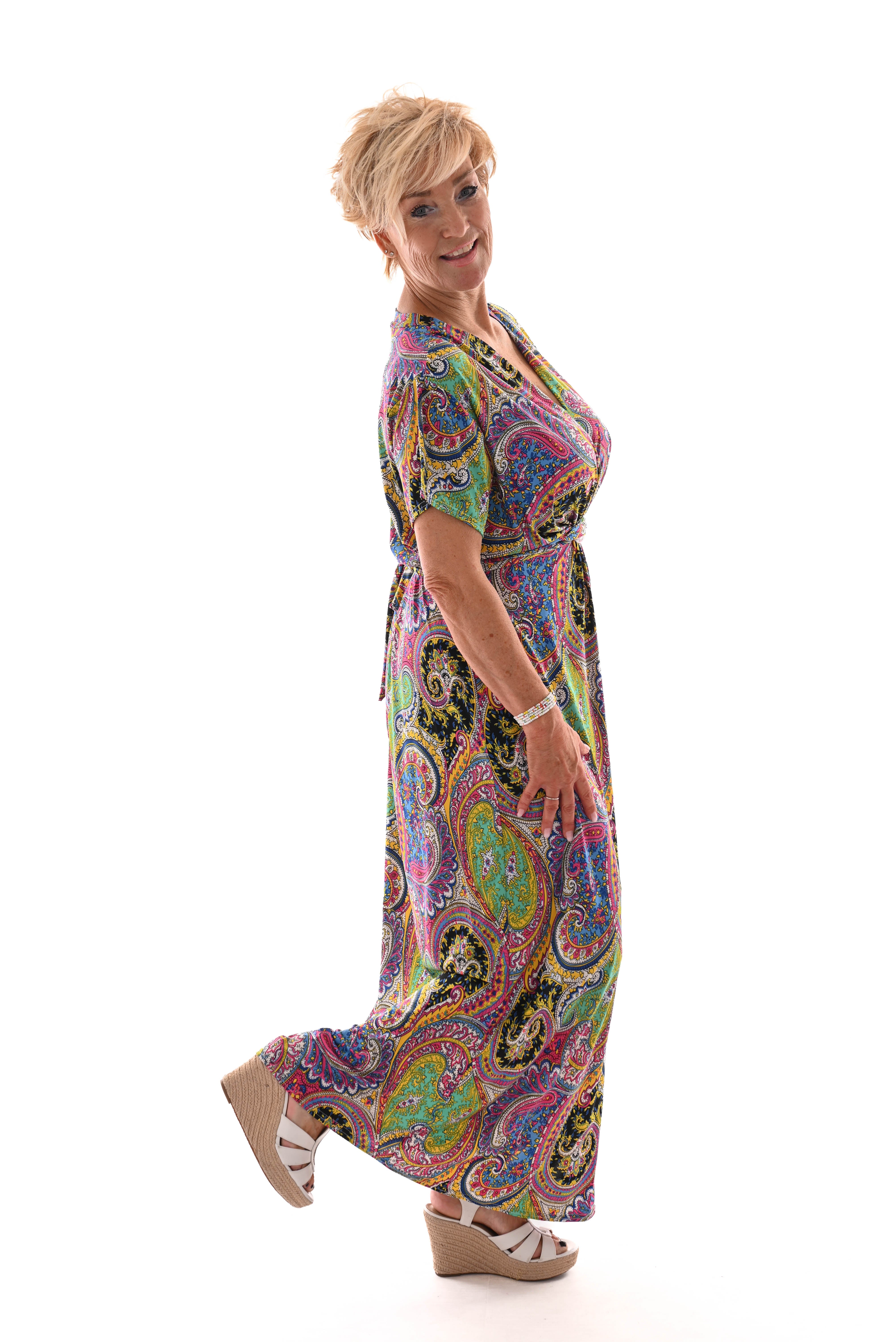 Lange jurk knoopdetail print paisley zwart/groen