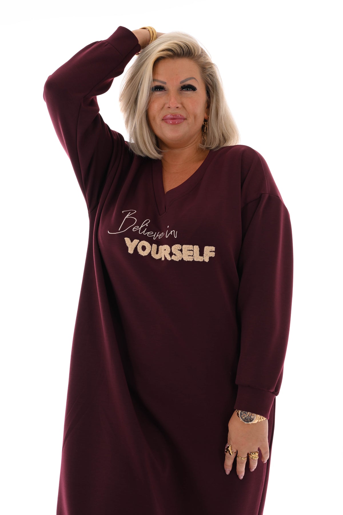 Sweaterdress believe in yourself aubergine