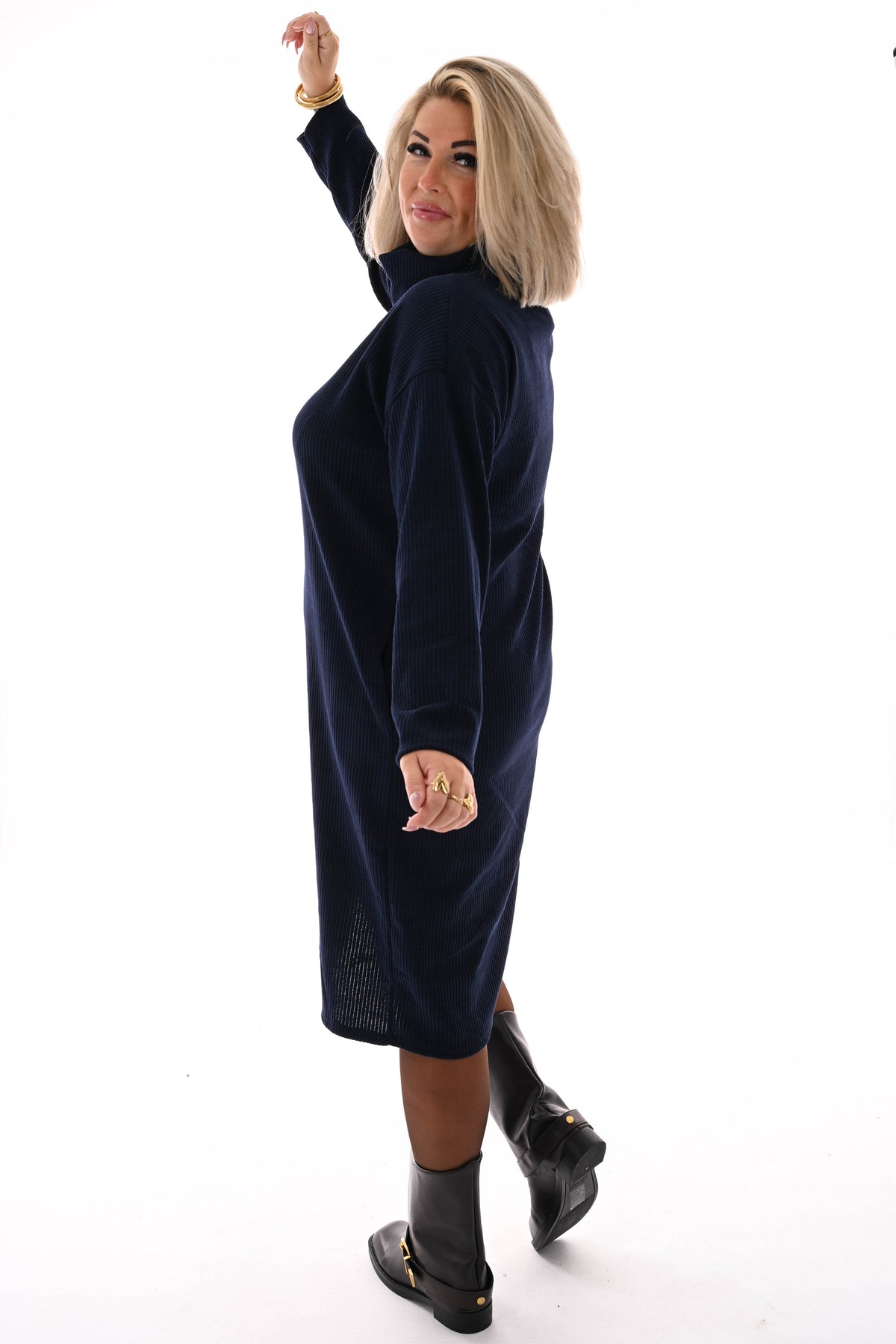 Jurk rib met col marineblauw