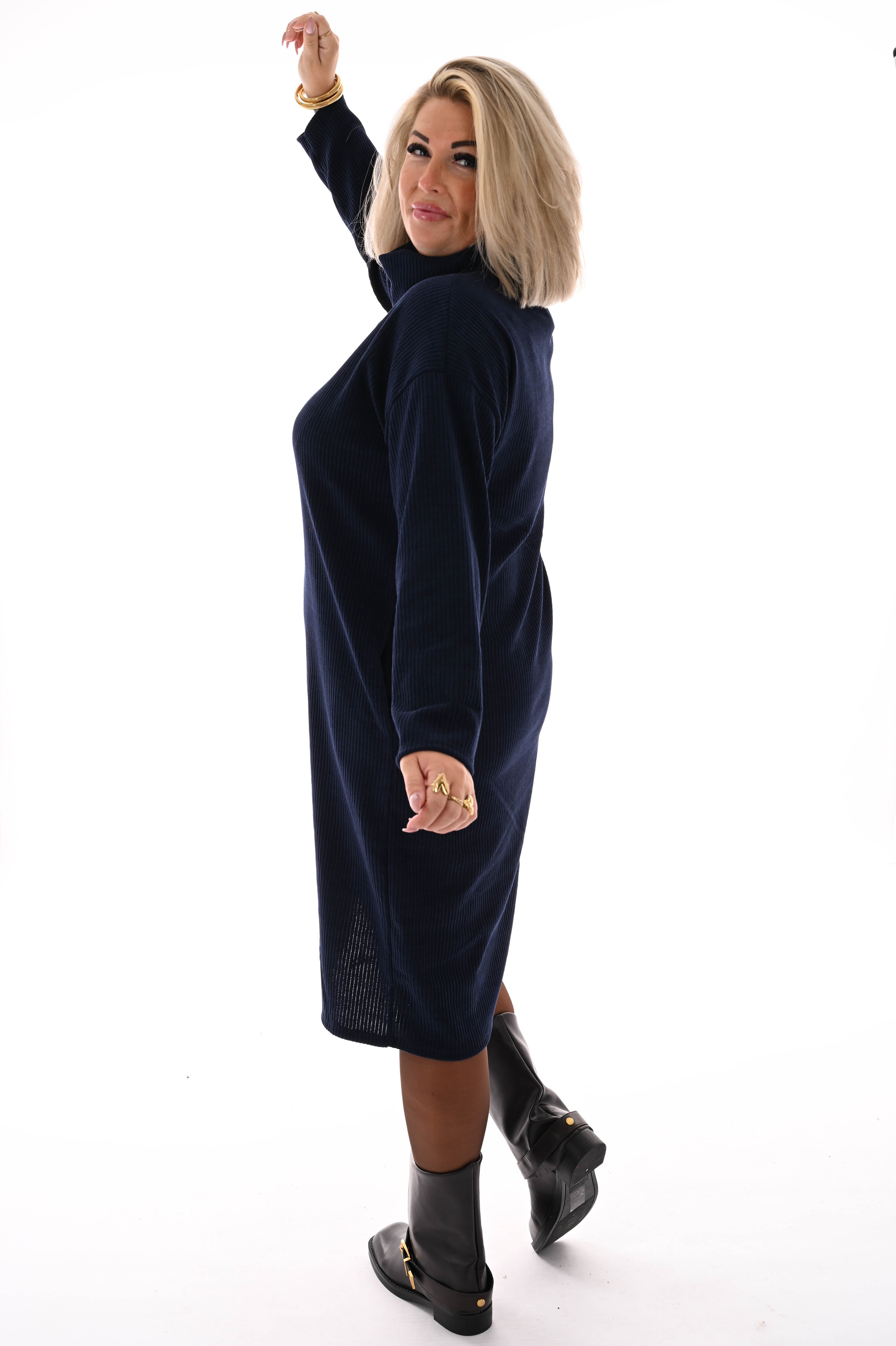 Jurk rib met col marineblauw