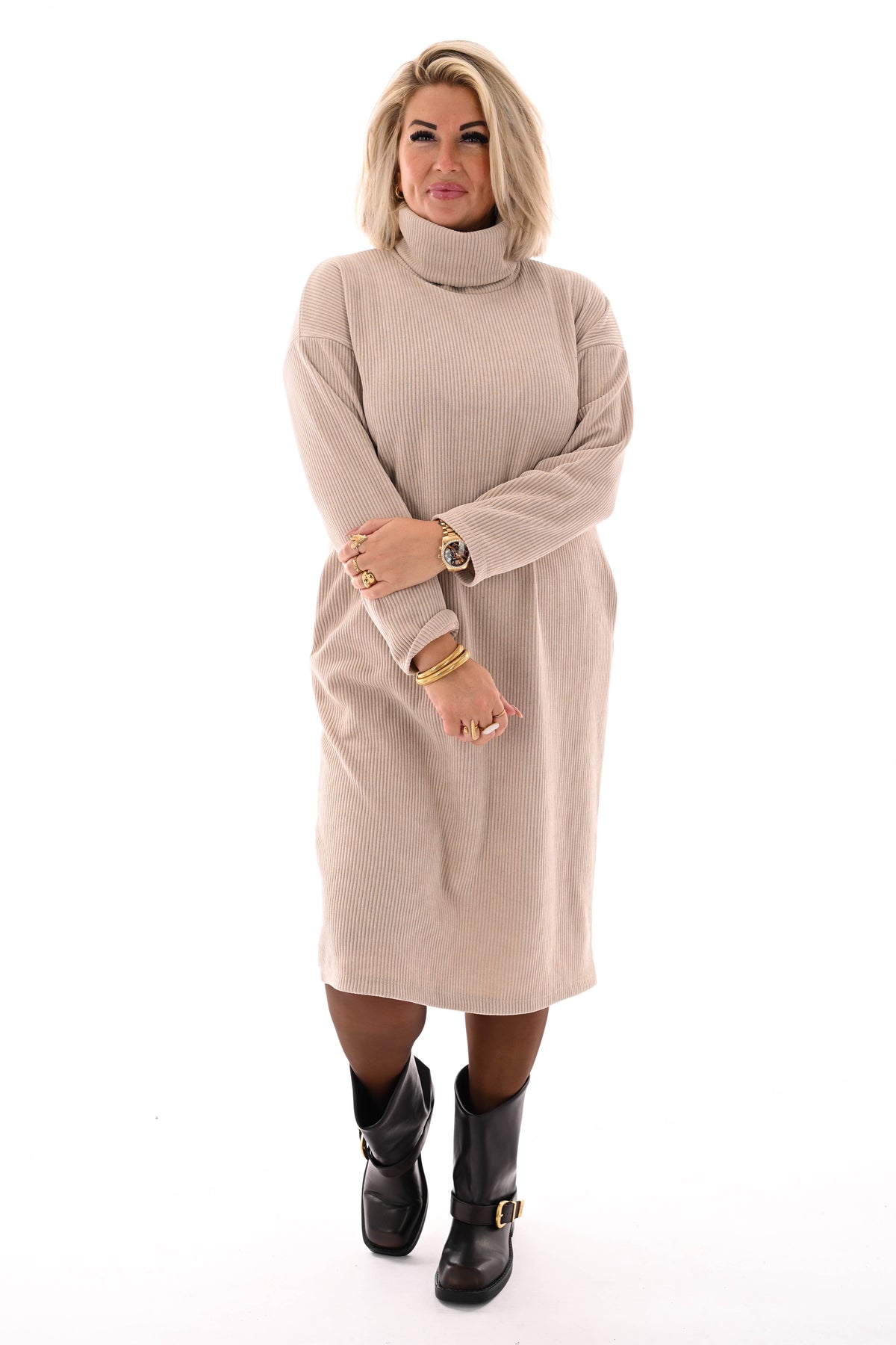 Jurk rib met col beige