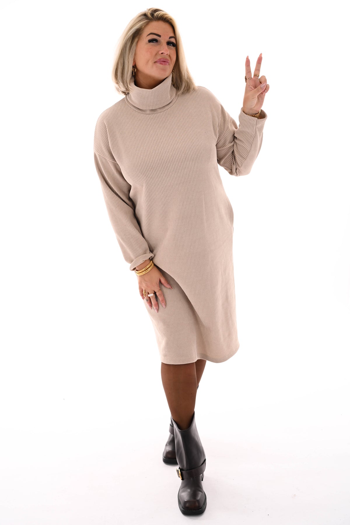 Jurk rib met col beige