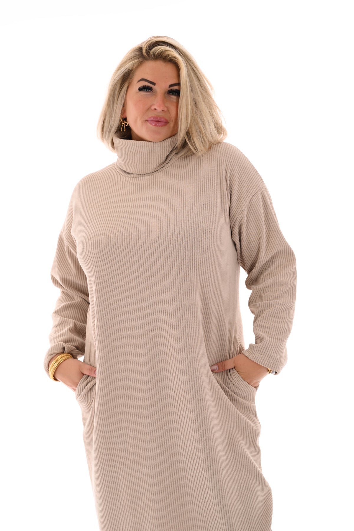 Jurk rib met col beige